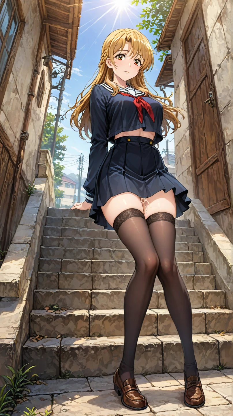 (RAW Photos:1.2, Realistic:1.3), masterpiece:1.4, Highest quality:1.3, Best details:1.3, beautifully、aesthetic, Very detailed CG ユニティ 8k 壁紙,( Vibrant colors:1.1), High resolution,break ((From below:1.3, Looking down:1.3, A powerful low angle shot from the ground_level:1.3)),( Intense crotch close-up:1.3, Scale to fit dimensions:1.3),(( Sharp focus:1.1, Crotch focus:1.0)),(( Perfect Anatomy:1.3)),(( Five fingers, perfect in every detail:1.3)), break (One girl),( skirt flipped up in the Wind:1.3),((surprised posture:1.1, View your viewers:1.3)),( Exposed Sexy_white_panties:1.3, Camel Toe:1.2), break (Seraphim:1.1),( knees_length_skirt),super detailed beautiful white skin, Slender body:1.2, Small hips, beautifully細い脚:1.3, break Most detailed Beautiful Face and eyes:1.2,(surprised:1.0),( cute:1.3, So adorable:1.1),( Beautiful Face:1.2, Perfect Face, Attractive face:1.2),( shiny brunette hair blowing in the Wind:1.3, Glossy Lips:1.0), break (Perfect lighting:1.3,Very detailed, Most detailed,Depth of written boundary), 街の階段の美しいWind景:1.1, sunny, Golden Hour, Wind:1.2, null:1.0, Dark Theme