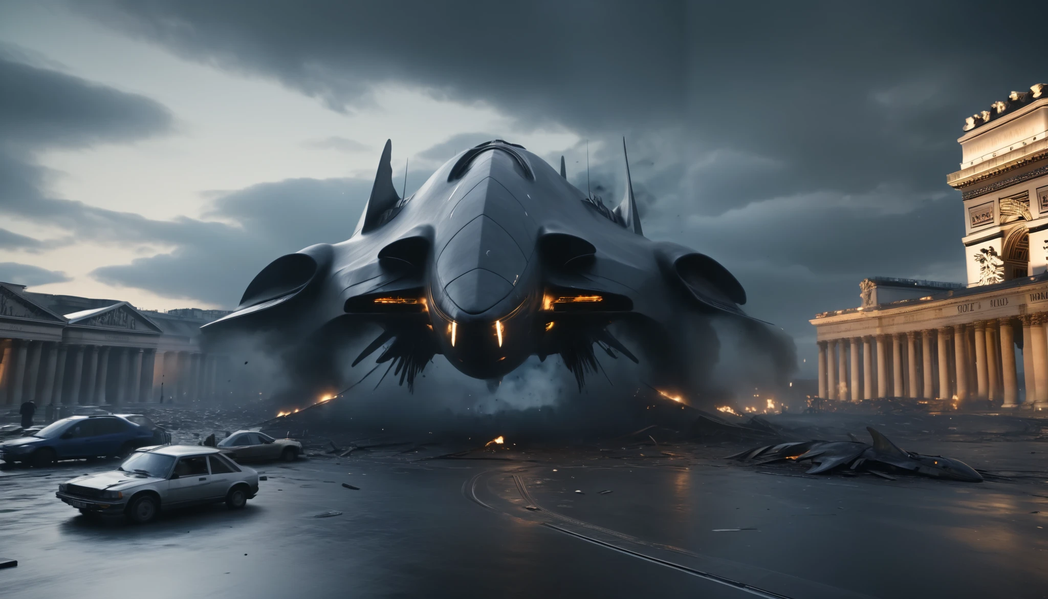 cinematic lighting, realistic textures, post-apocalyptic atmosphere, 4K, high detail, A massive spaceship, shaped like a dolphin with sleek, horizontally extended fins resembling dolphin flippers, has crash-landed near the Arc de Triomphe in France. The spaceship is primarily navy blue with reflective, mirror-like surfaces that catch the light. After traveling across many light-years, it has sustained heavy damage from meteoroids and space debris, with visible dents, scratches, and broken sections. The impact of the crash has caused a massive explosion, leaving the surrounding area in ruins, with charred ground and debris scattered everywhere. The Arc de Triomphe remains standing but is severely damaged, with large cracks and missing chunks. Smoke and dust fill the air, creating a dramatic and catastrophic scene. The atmosphere is dark and eerie, with fires burning in the distance