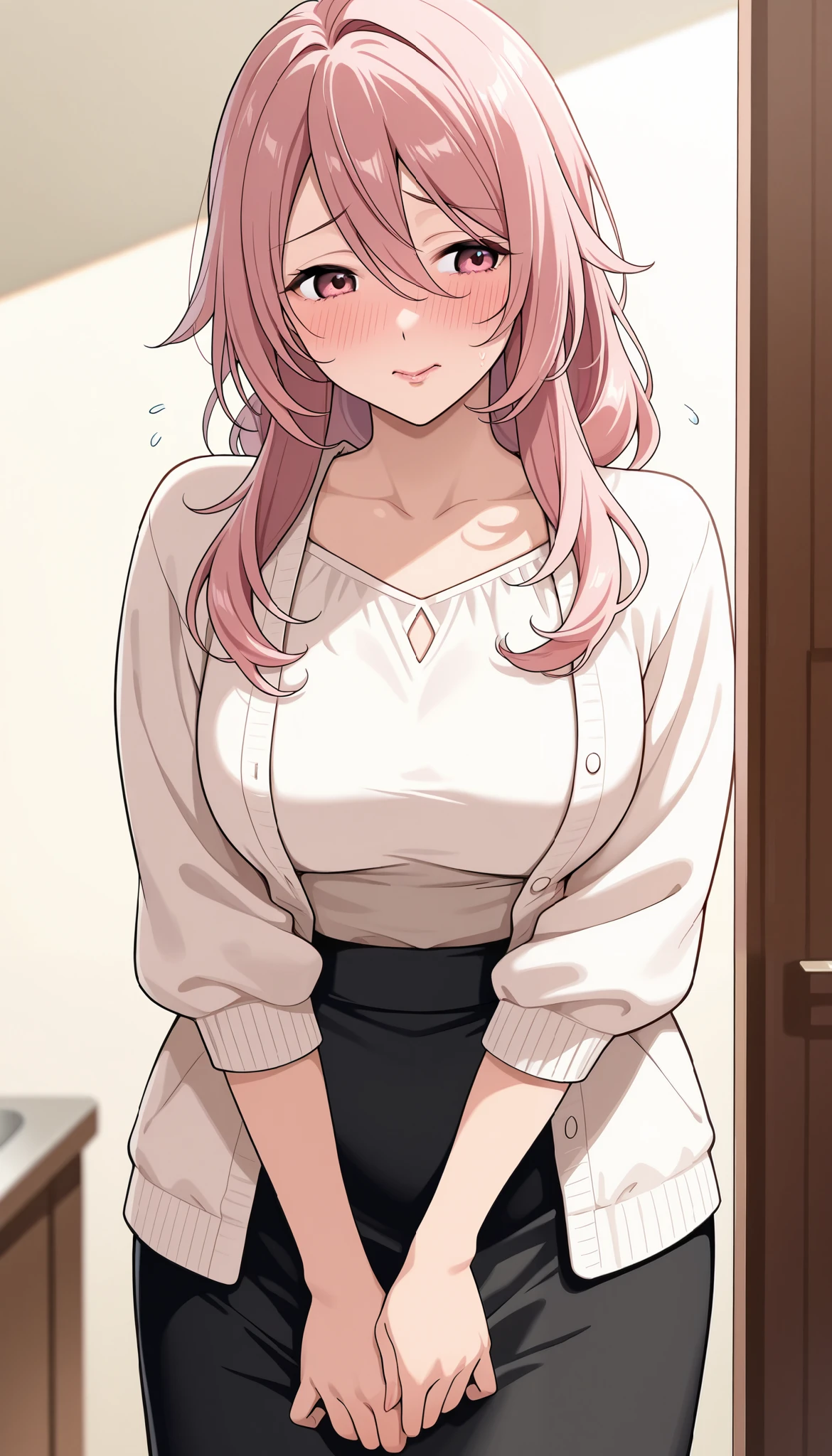 Solo girl, yayoi kusakabe,adult woman, housewife, pink hair, pink eyes, long hair, chest, white dress, open sweater, black skirt, milf, embarrassed, soft light, very detailed, top quality,A look of shame on his face,