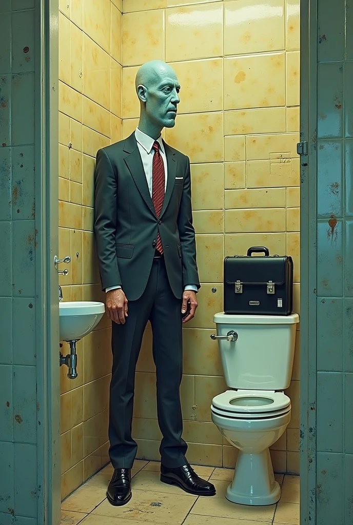 Surreal、emerald zuckerberg is、Sitting on the toilet in the style of the thinker。