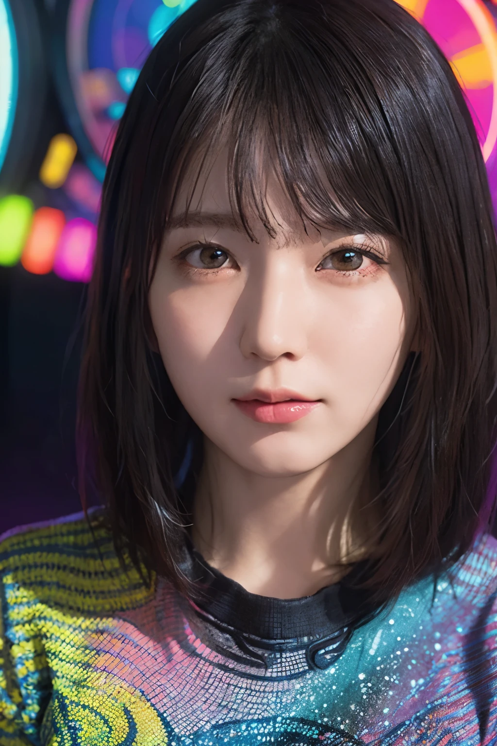 (close-up), portrait, portrait, (Alone), masterpiece, top quality,  high-contrast clothing, psychedelic, [[[LSD]]],  particle, bloom,  neon lights, (Shine), flat color, Color Splash, Color Matching