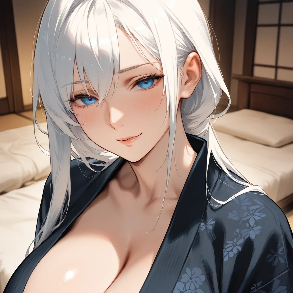 masterpiece, best quality, <lora:doachristie-nvwls-v1-000008:0.9> doachristie, earrings, japanese clothes, fishnet stockings, black kimono, seiza, indoors, sash, japanese architecture, smile, looking at viewer, large breasts, from above