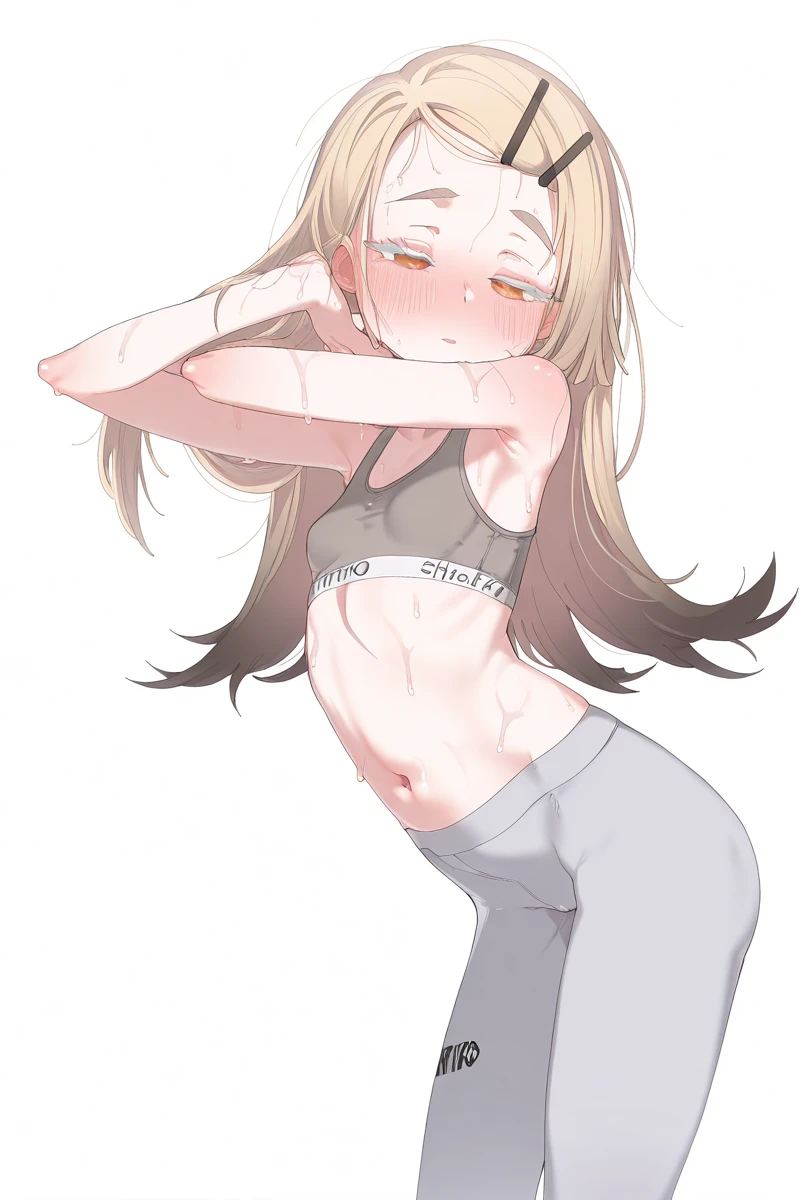 detailed, (masterpiece:1.2), (pale_skin:1.2), (solo:1.2), (female), slender, (glowing_eyes), smile, long hair, bangs, bare shoulders, closed mouth, standing, orange hair, ahoge, cowboy shot, sweat, shorts, looking back, pants, indoors, pink eyes, from behind, crop top, bare arms, back, black pants, sports bra, yoga pants, black sports bra, gym