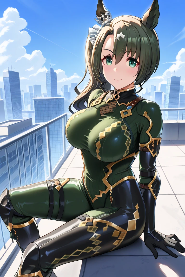 (masterpiece, best quality, detailed), 1girl, solo, looking at viewer, mirabell, dark skin, hair ornament, ponytail, armor, shoulder armor, green leotard, cleavage, armored legwear, gloves,
squatting, from below, spread legs, cameltoe, smile, parted lips, outdoors, cyberpunk, city, night, dark, skyscraper,