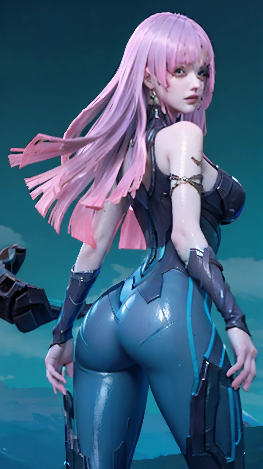 4k, masterpiece, simple background, solo, 1girl, mature female, purple skin, pink hair, big ass, big breast, show her ass, lora:novaria:0.7, novaria

