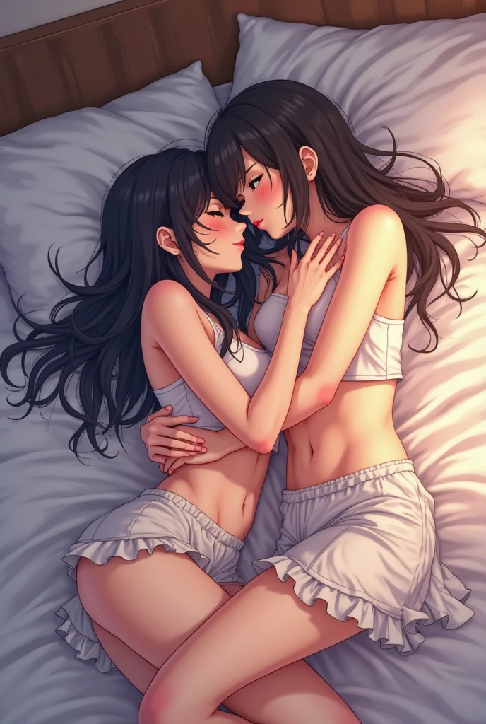 A picture of the sisters Nino and Ichika Nakano sleeping together in their underwear