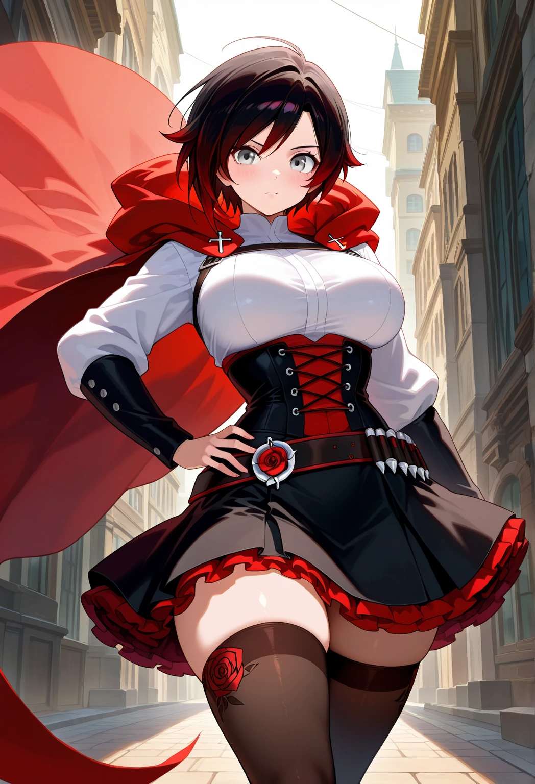 1girl,ruby rose,full body, black hair,short hair,grey eyes, smile, grin, large breasts,gradient hair,two-tone hair, black dress,long sleeves,red cape,hood,cloak,corset, frilled dress,frilled sleeves,gloves, skirt,black pantyhose,black knee boots, rose petals, crescent rose,scythe,holding scythe, lifting scythe, (masterpiece:1.2, best quality:1.2, beautiful, high quality, highres:1.1, aesthetic), detailed, extremely detailed, ambient soft lighting, 4K, perfect eyes, perfect face, perfect lighting, 1girl, solo, huge breasts, narrow waist, wide hips, thick thighs, curvy, standing, looking at viewer, city background, night, outdoors <lora:rwby_rose:1>