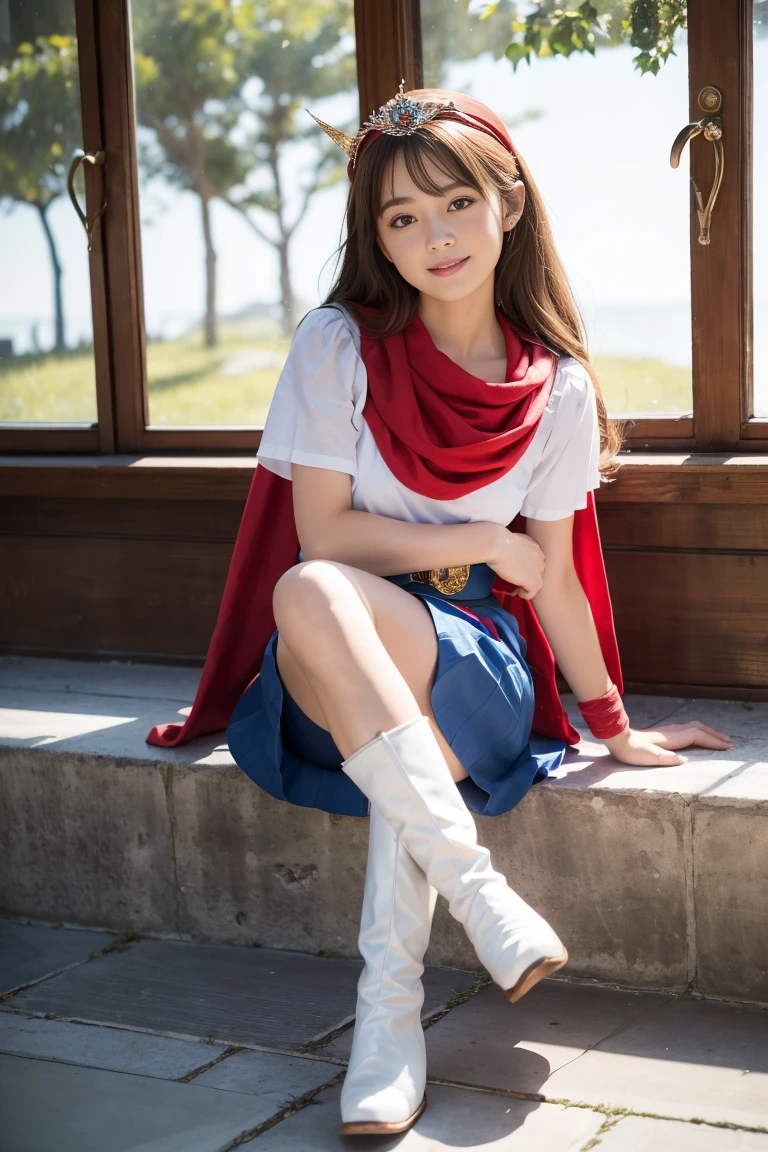 8k, highest quality, masterpiece, Realistic, Super detailed, photograph, High resolution, High resolution,, Cinematic Light, Official Art, High resolution, Depth of written border, Beautiful legs, thin, cute face, smile, Beautiful details in the eyes, 19 years old Japanese, cute, Disheveled Hair,Crimson Dress, rainbow,Flying in the sky、Carrying a jetpack on your back,Flames coming out of the jetpack