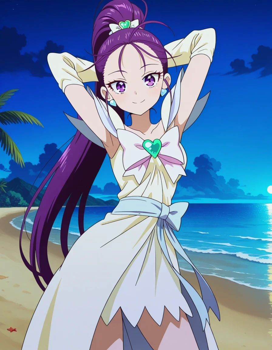 Cure Eret,1girl, long hair, purple hair, jewelry, earrings, white footwear, boots, magical girl, smile, dress, purple eyes, closed mouth, solo, upper body, night sky, beach, arms behind head, contrapposto, spread armpits, looking at viewer, best quality, smile, portrait,