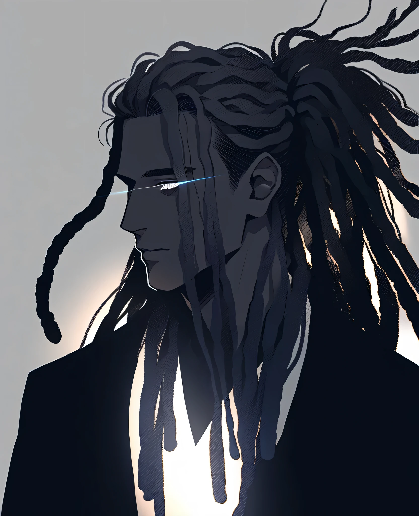 tall, pitch black skin,stars all over skin,skin looks like night sky,white dots all over skin,shiney,elegant, fancy full suit, long black dreads, male, drawing, dramatic lighting, cinematic, dark fantasy, moody atmosphere, imposing figure, regal bearing, mysterious aura, deep shadows, dramatic lighting, cinematic composition, moody color palette, long hair,dreadlocks,black hair,pure white eyes,glowing white eyes