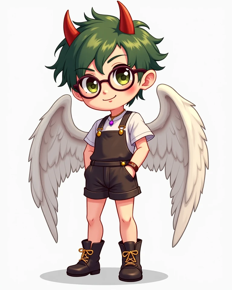 solo, The Q version of the cute human, male, falu red hair, freckles, short hair, elf ears, round eyeglasses, big eyeglasses, human ears, standing, sunflower garland above his head, smiling, eyes looking at viewer happy, smile, fairy wings, yellow wings, mouth open, cute, white background, naked, nude, full body, small balls, small penis, flaccid penis, shorstack, chubby,