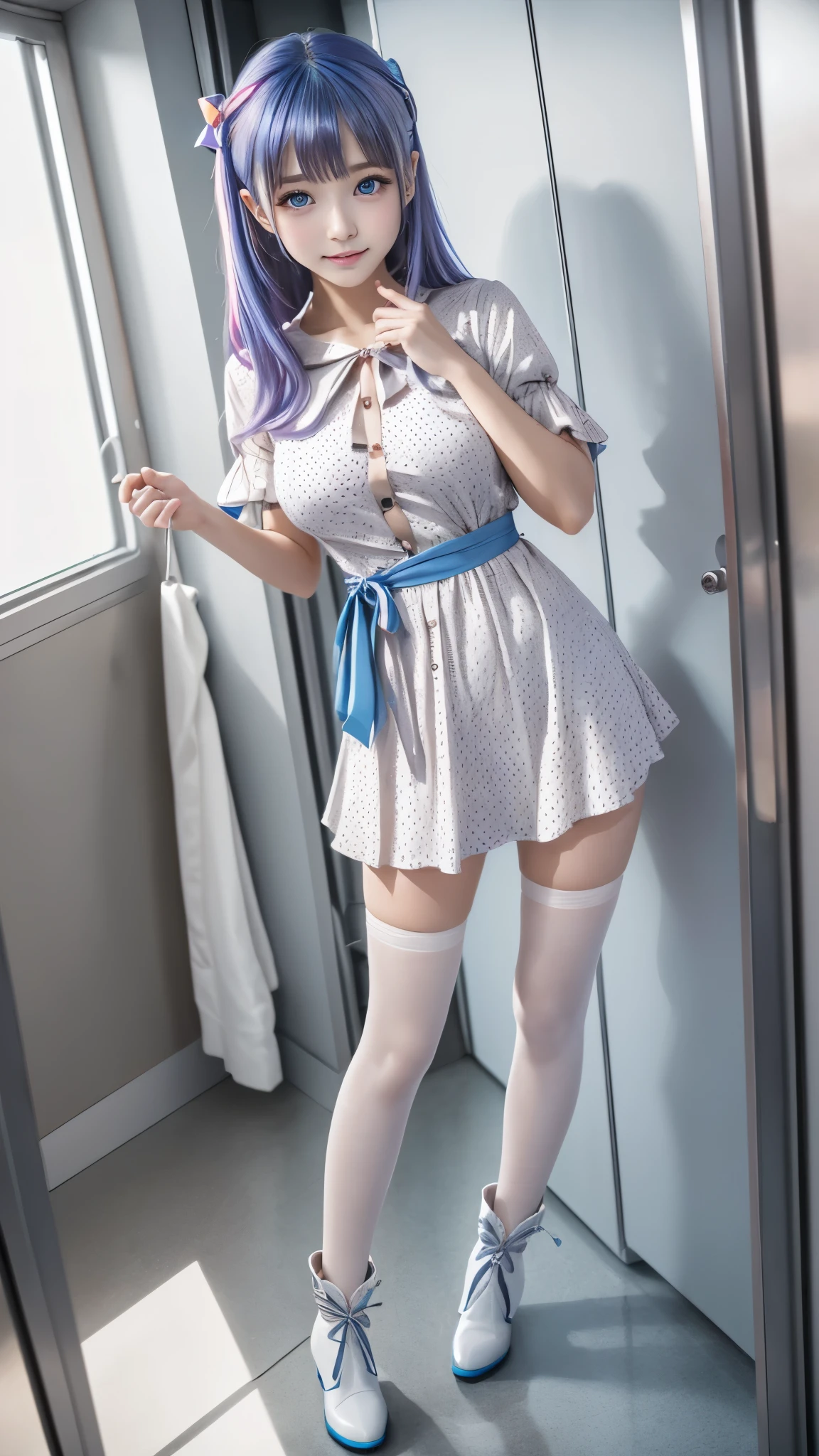 1 woman, full body, inside a hospital, hot nurse, silver hair, wearing a white apron with pink details, open apron, no panties, no bra, showing her breasts, showing her pussy, little pubic hair, pink pubic hair, slightly pinkish white skin, beautiful lips, perfect mouth, pink eyes, wearing red sandals, perfect little feet, pink painted nails, holding a clipboard in one hand (long and pink nails), holding a syringe in the other hand, orgasmic expression, clear liquid dripping from her pussy.