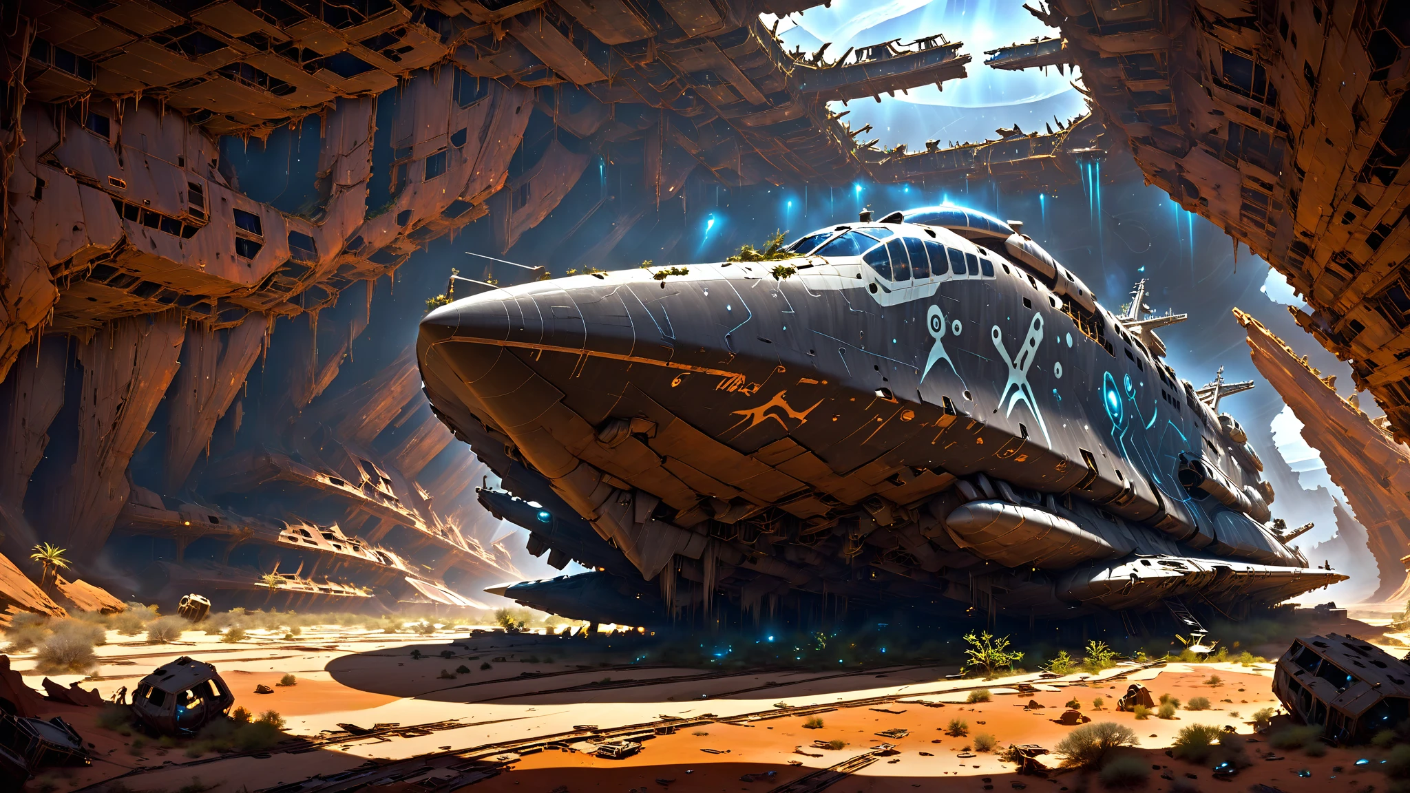 A colossal, derelict spaceship lies overturned and shattered in a desolate, alien landscape of crimson and ochre rock formations. The ship, once a sleek, matte black with glowing orange energy conduits, is now a twisted ruin of corroded metal and exposed, sparking circuitry. Shattered holographic displays flicker with fragmented images. Parts of the hull have crumbled away, revealing the skeletal framework within. Strange, bioluminescent fungi and tenacious vines have begun to claim the wreckage. The harsh, warm sunlight casts deep shadows, emphasizing the texture of the rusted metal and the eerie glow of the failing technology. Dust devils dance across the barren landscape. The perspective is from a low angle, looking up at the imposing wreck, emphasizing its scale and the sense of a forgotten technological marvel. The style is hyperrealistic, with a focus on detail and dramatic lighting, evoking a sense of a distant, post-apocalyptic future.