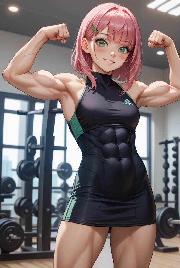 Young cute female girl, emerald green eyes, long pink hair, split bangs, fit, skinny muscular, abs, short black dress, blush, gym, standing, veins, skinny, beautiful, happy, flexing, green hair clip, long black socks, detailed eyes, high detail,