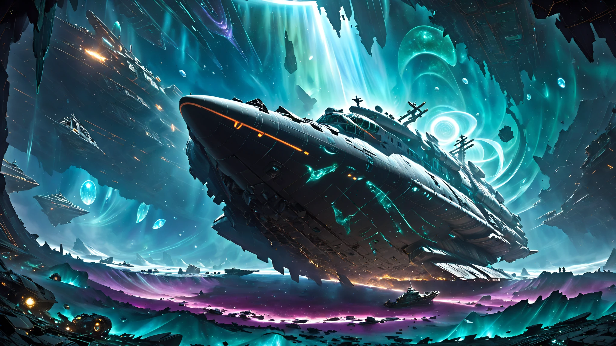 A colossal, derelict spaceship lies overturned and shattered in a desolate, alien landscape of crimson and ochre rock formations. The ship, once a sleek, matte black with glowing orange energy conduits, is now a twisted ruin of corroded metal and exposed, sparking circuitry. Shattered holographic displays flicker with fragmented images. Parts of the hull have crumbled away, revealing the skeletal framework within. Strange, bioluminescent fungi and tenacious vines have begun to claim the wreckage. The harsh, warm sunlight casts deep shadows, emphasizing the texture of the rusted metal and the eerie glow of the failing technology. Dust devils dance across the barren landscape. The perspective is from a low angle, looking up at the imposing wreck, emphasizing its scale and the sense of a forgotten technological marvel. The style is hyperrealistic, with a focus on detail and dramatic lighting, evoking a sense of a distant, post-apocalyptic future.