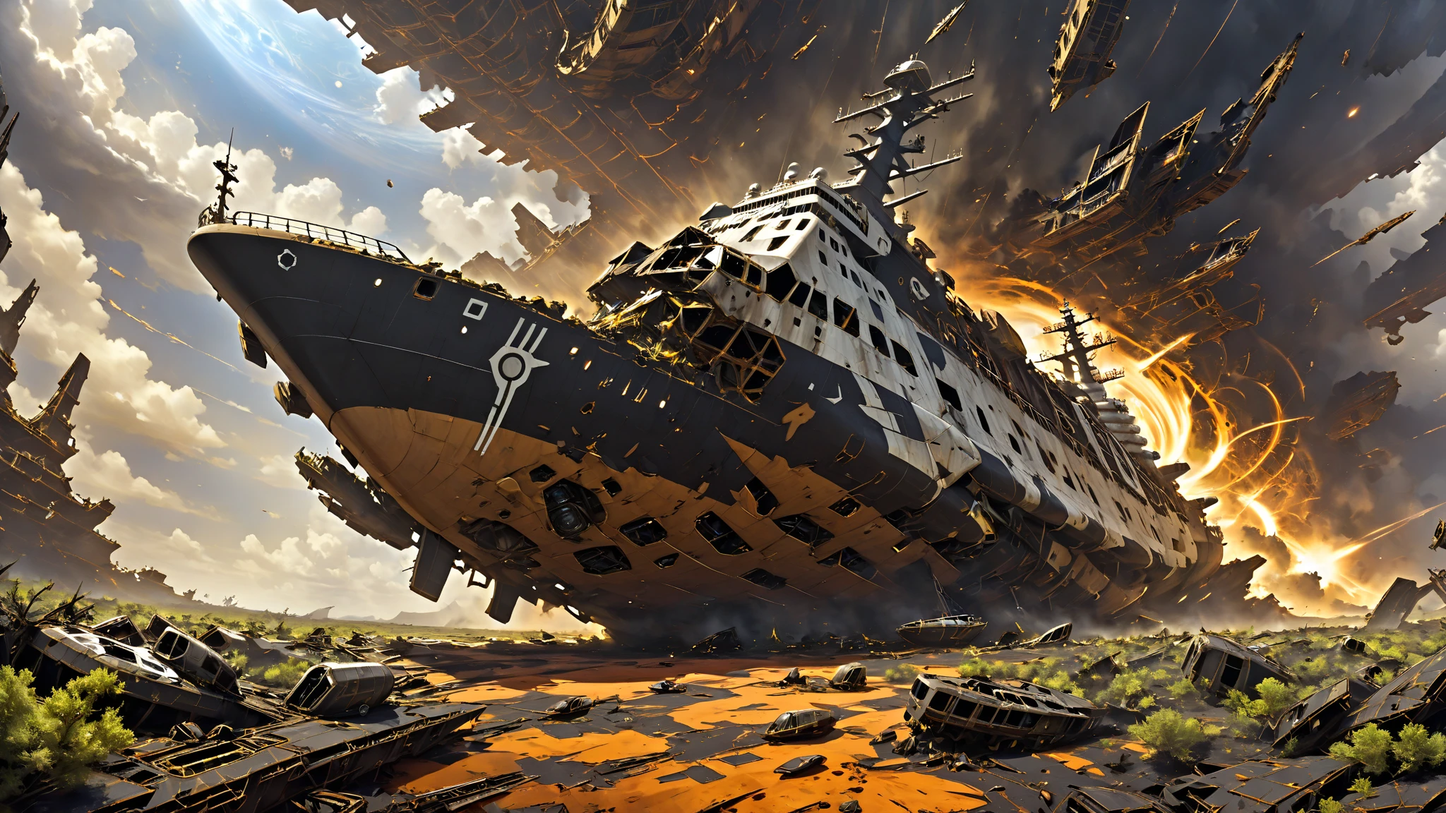A colossal, derelict spaceship lies overturned and shattered in a desolate, alien landscape of crimson and ochre rock formations. The ship, once a sleek, matte black with glowing orange energy conduits, is now a twisted ruin of corroded metal and exposed, sparking circuitry. Shattered holographic displays flicker with fragmented images. Parts of the hull have crumbled away, revealing the skeletal framework within. Strange, bioluminescent fungi and tenacious vines have begun to claim the wreckage. The harsh, warm sunlight casts deep shadows, emphasizing the texture of the rusted metal and the eerie glow of the failing technology. Dust devils dance across the barren landscape. The perspective is from a low angle, looking up at the imposing wreck, emphasizing its scale and the sense of a forgotten technological marvel. The style is hyperrealistic, with a focus on detail and dramatic lighting, evoking a sense of a distant, post-apocalyptic future.