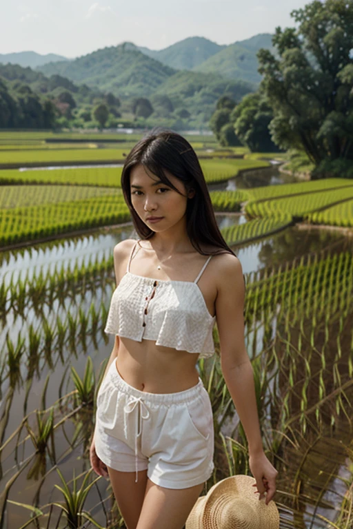 Young sweet beautiful Bogor city girl dancing cheerful on wide rice field near Bogor, descent mixed from sundanese and javanese and Arabic, little breasts, very very slim body, have big greek with long bridge nose, tirus slim face, wide forehead, big eyes, little sexy mouth, heavy down lip, charm and cute girl, her name is Dewi, in the sunny fresh sunset, georgeus face, slim body, 19 years old, wearing 80's style big size white thin long sleeve long sweater, wearing white thin trousers in late 80' years era mode and style, very realistic, very natural, very realistic, all her body exposed visible through her see through clothes, all body from head to toes view, wind blowing so strong and blowing everything, straight bob style slim hairs with a bangs blown by the very strong wind, salak mountain as background, beautiful sunset and beautiful girl, sweet memory that can't forget, wearing glasses,