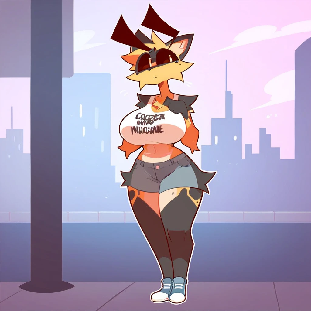 1girl, undersized hoodie, undersized shorts, any fur color and pattern, any eye color and pupils, massive breasts and hips and butt, cat, doing anything, any pose