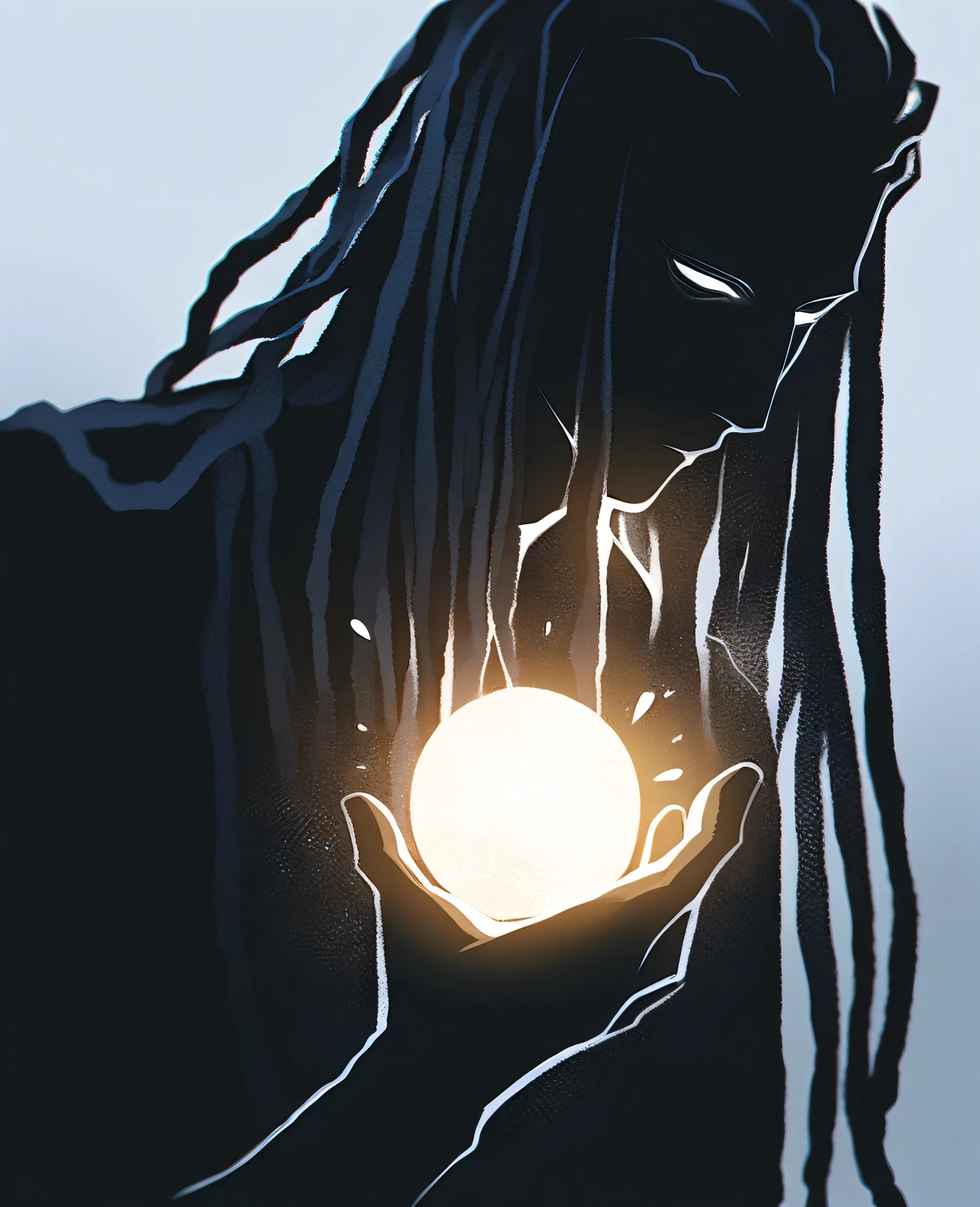 tall, pitch black skin,stars all over skin,skin looks like night sky,white dots all over skin,shiney,elegant, fancy full suit, long black dreads, male, drawing, dramatic lighting, cinematic, dark fantasy, moody atmosphere, imposing figure, regal bearing, mysterious aura, deep shadows, dramatic lighting, cinematic composition, moody color palette, long hair,dreadlocks,black hair,pure white eyes,glowing white eyes,holding out his hand