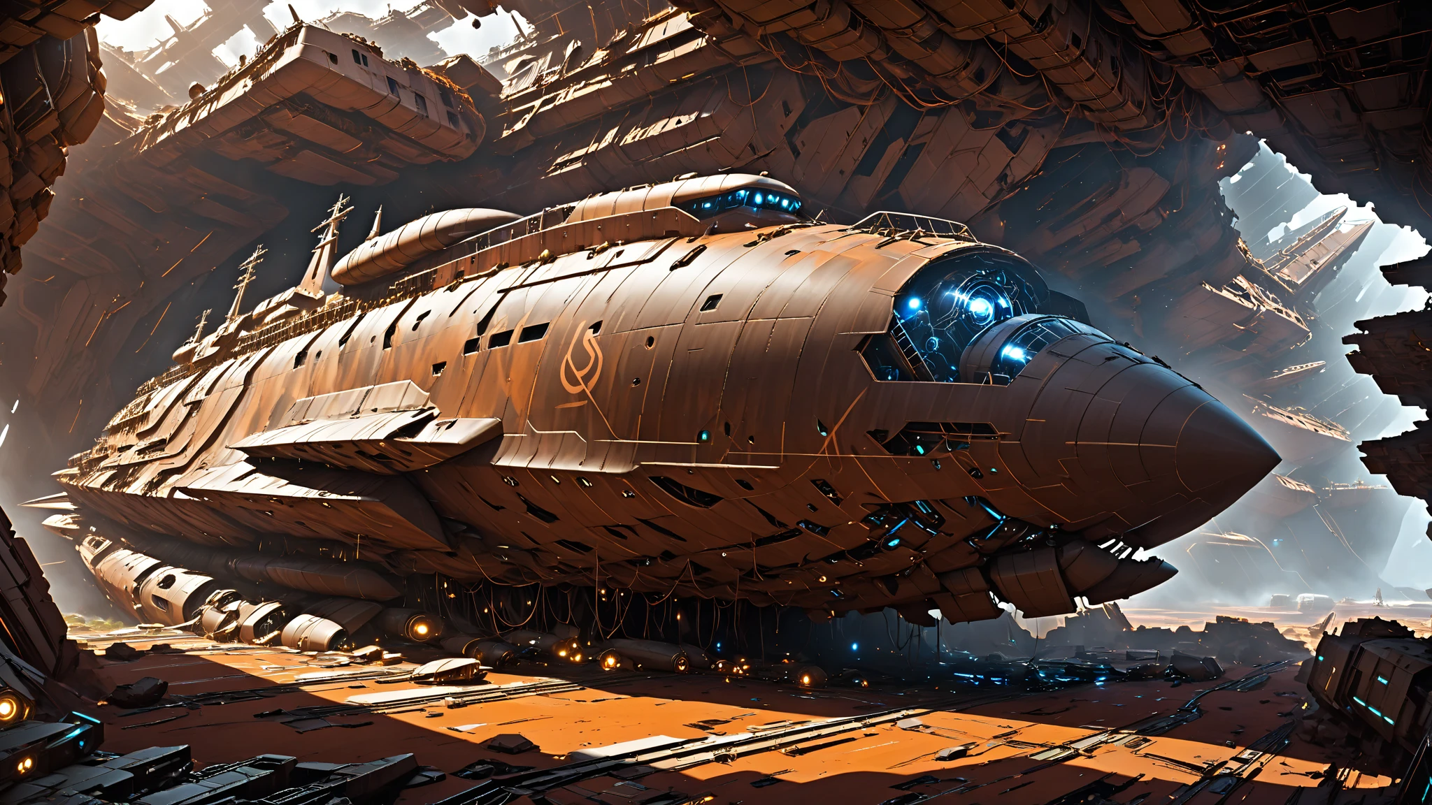 A colossal, derelict spaceship lies overturned and shattered in a desolate, alien landscape of crimson and ochre rock formations. The ship, once a sleek, matte black with glowing orange energy conduits, is now a twisted ruin of corroded metal and exposed, sparking circuitry. Shattered holographic displays flicker with fragmented images. Parts of the hull have crumbled away, revealing the skeletal framework within. Strange, bioluminescent fungi and tenacious vines have begun to claim the wreckage. The harsh, warm sunlight casts deep shadows, emphasizing the texture of the rusted metal and the eerie glow of the failing technology. Dust devils dance across the barren landscape. The perspective is from a low angle, looking up at the imposing wreck, emphasizing its scale and the sense of a forgotten technological marvel. The style is hyperrealistic, with a focus on detail and dramatic lighting, evoking a sense of a distant, post-apocalyptic future.
