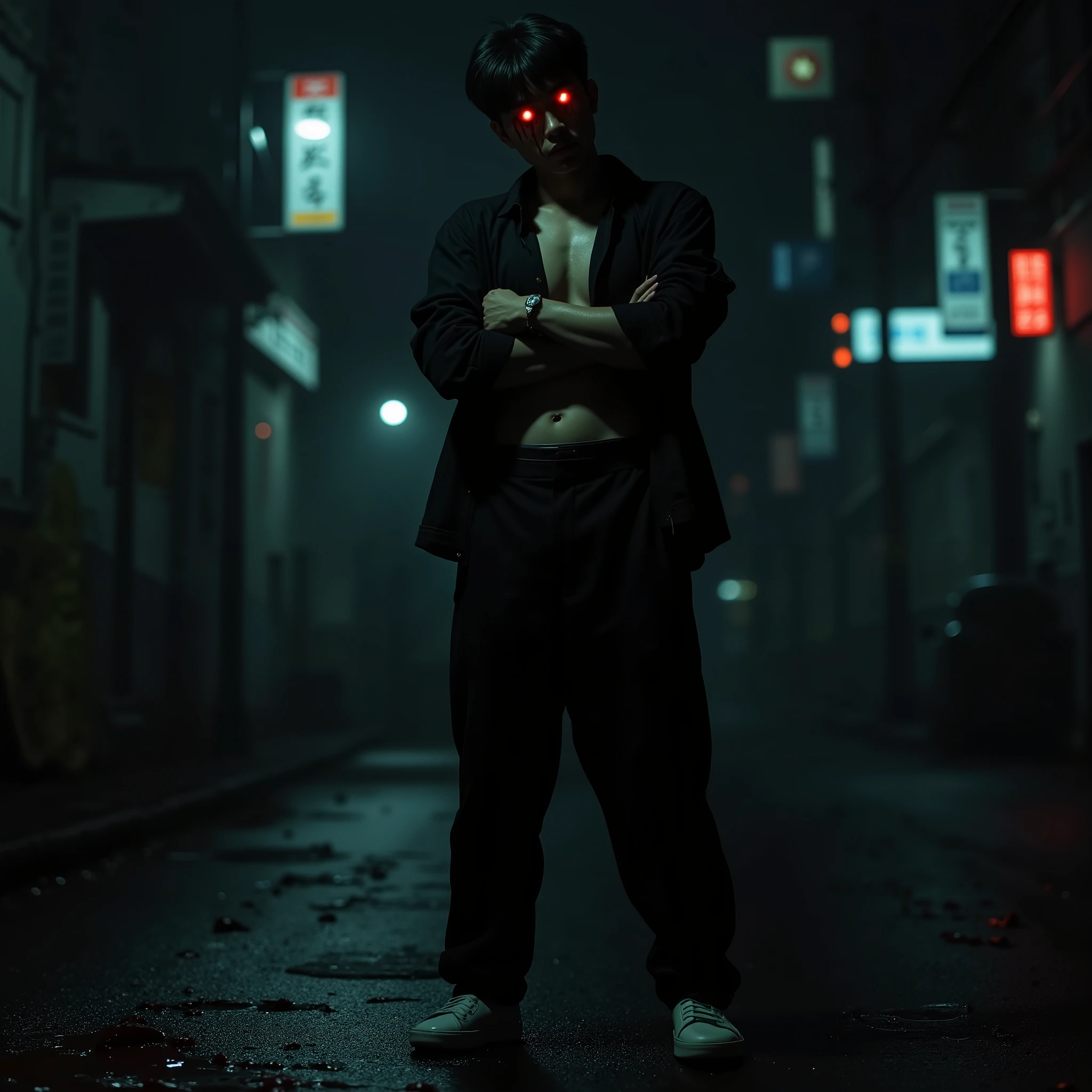 Korean man, black hair, black sclera, red glowing eyes, black jacket open, six pack belly exposed, black long pants, white shows, crossed arms, blood drippring from his eyes, city at noght, blood stained floor, and clothes, HD, 4K