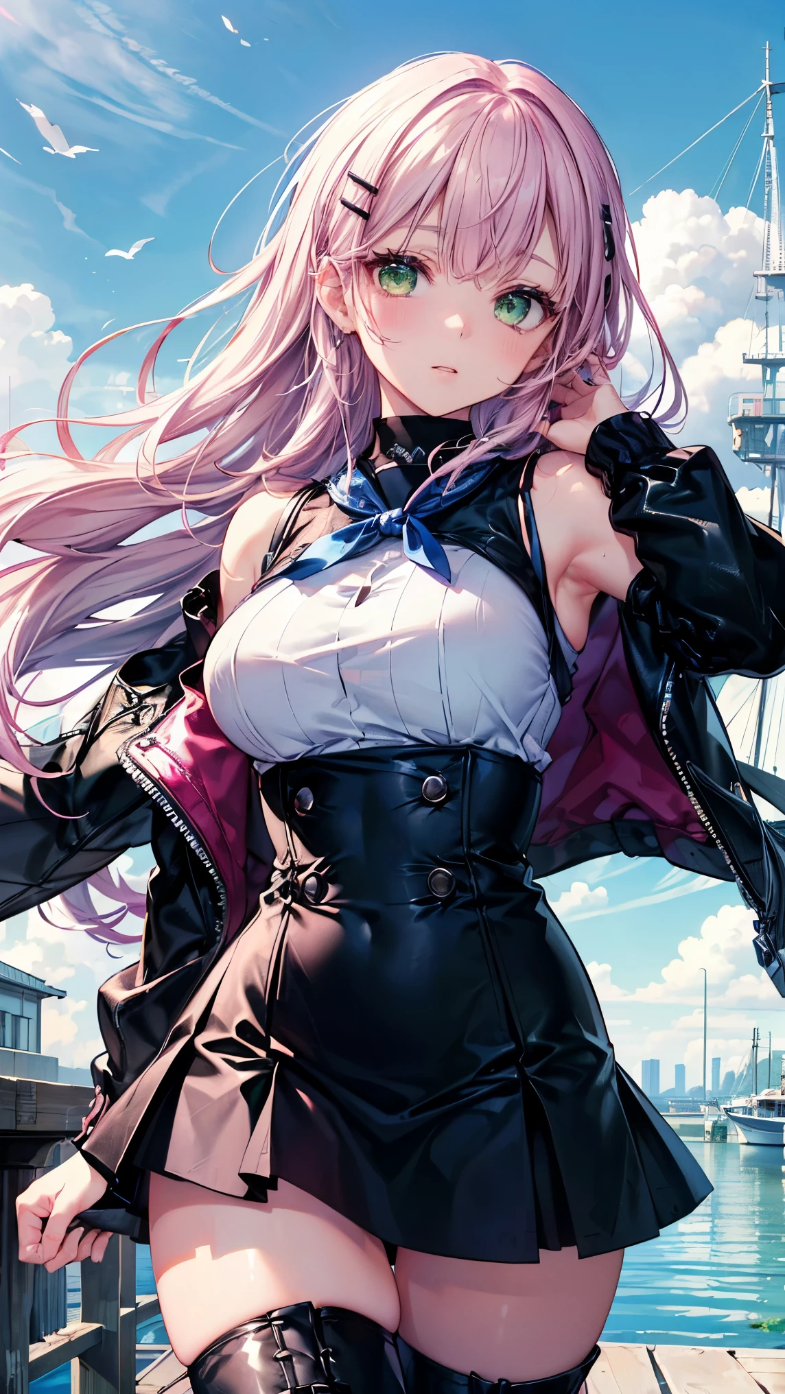 league of legend Battle Bunny Miss Fortune, future style wind breaker and battle suit, bunny ear, mini skirt, gem tie, super long brown pony tail hair style, future earphone, face sticker, ribbon on hand, earrings, necklace, bright brown pupil, idol aura, future style charming effect, game CG quality, masterpiece, perfect body shape, standing on a tower background, holding twin handgun