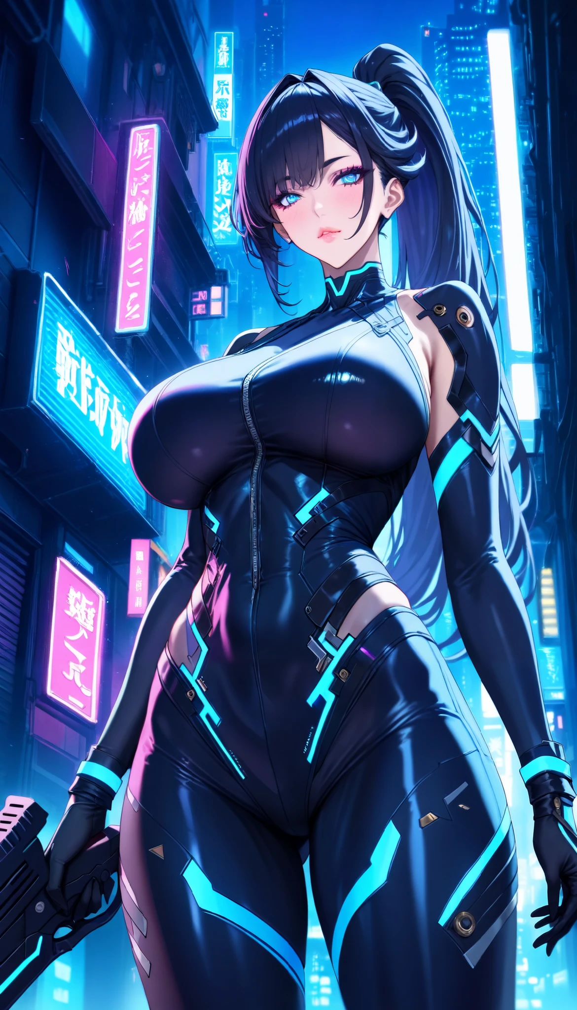 Cyberpunk city background, A woman with a perfect body, Wearing a sleeveless black leather bodysuit, There is this blue fluorescent pattern on the tights, She stood in a narrow alley, Hands wearing black gloves, Pistols are equipped on the outer thighs of both sides, Black Hair, Single ponytail, Long Ponytail, Huge breasts, Upper focus, at night, Dim neon lights, UHD, masterpiece, anatomically correct, textured skin, super detail, best quality, highres, 16k, 1080P