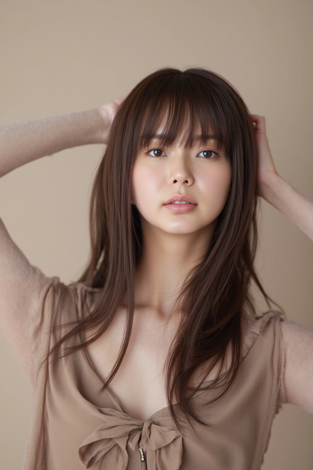 White shirt,Concrete wall with plain background,Light Brown Hair,Realistic skin texture,Slightly rough skin,Cute face,Japanese woman in her 20s,Medium hair over the shoulders ,Realistic skin texture,Chest-length straight hair