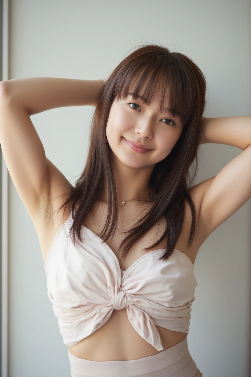 Japanese lady, cute face, random facial expression, posing to viewer, in Kyoto, random background, long hair, skinny figure, emphasize very small breasts, emphasize very skinny waist, lovely body line, wearing a tight knit dress with random design