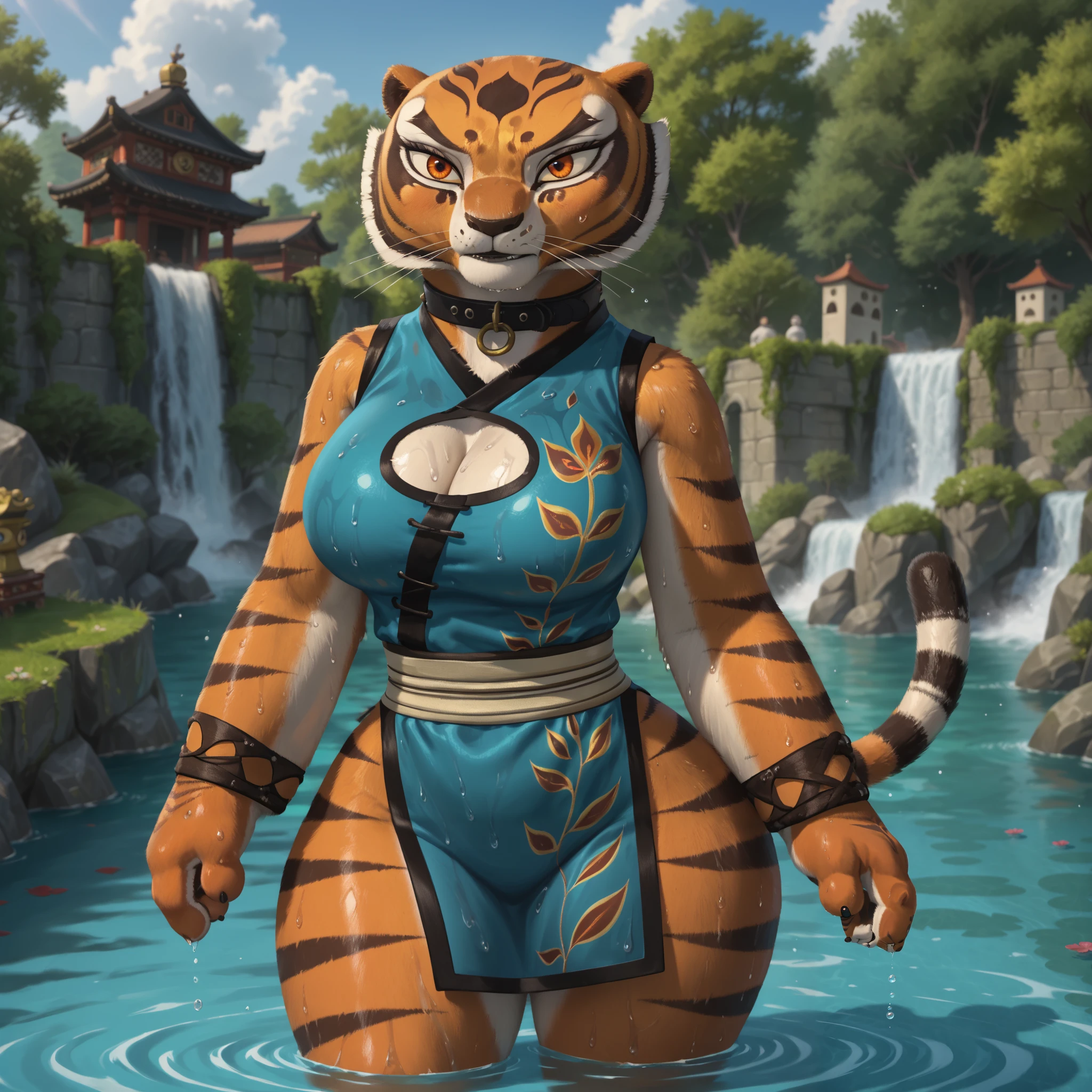 score_9, score_8_up, score_7_up, source_anime, source_furry, (beautiful, detailed background, digital artwork, digital art, well shaded artwork, depth, detailed artwork)1.2, 1girl, female, furry, anthro, Master tigress (Kung fu panda), Anthro tiger, detailed fluffy fur, bald, large expressive eyes, (detailed orange eyes, black pupils)1.2, goth girl, heavy eye makeup, black eyeliner, black mascara, black lipstick, (((massive bust))), bulging breasts, wide hips, (((thick thighs))), standing, (((bubble butt))), closeup++, facing viewer, temple setting, outside, blue sky, day time, big black collar, sweat, tiny waist, teal bodycon maxi dress, teal tube dress, short dress, cleavage cutout, standing in water, wet clothes, shy, timid