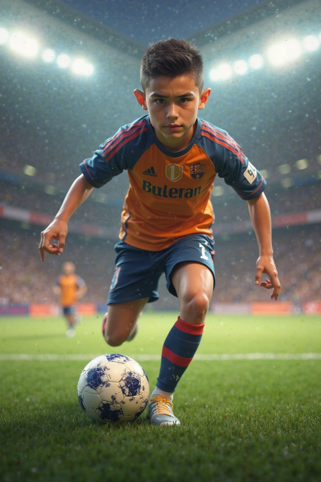 A boy hwo is playing football. His arjrentain. His name is md r nayon