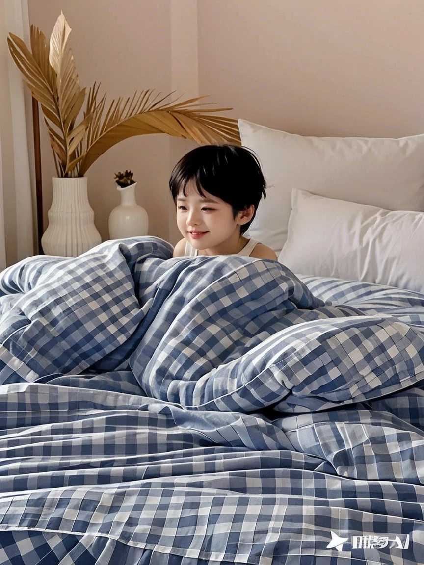 An Asian boy sitting on the sofa in the living room,Wear a big cotton jacket,Wrapped in a quilt,Shivering