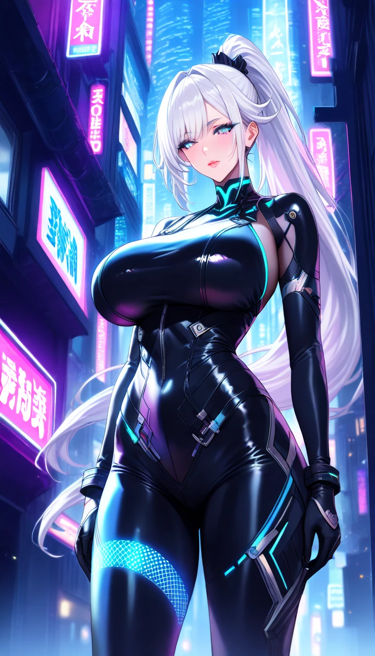 4k,High resolution,One Woman,White purple hair,long hair,Blue Eyes,Big Breasts,Nuns,A tight-fitting black cyber suit,Black Nuns Veil,Long sword,City of the Future