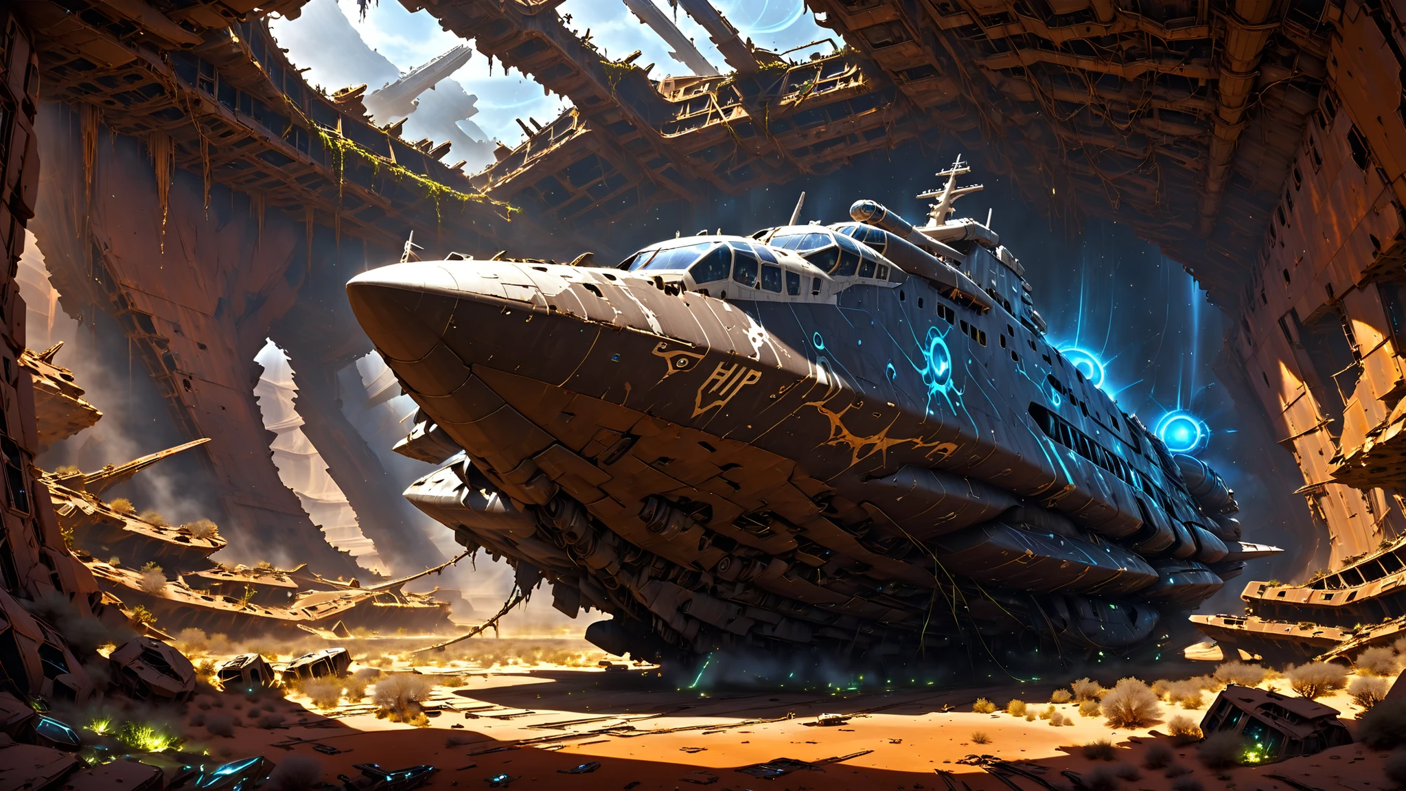 A colossal, derelict spaceship lies overturned and shattered in a desolate, alien landscape of crimson and ochre rock formations. The ship, once a sleek, matte black with glowing orange energy conduits, is now a twisted ruin of corroded metal and exposed, sparking circuitry. Shattered holographic displays flicker with fragmented images. Parts of the hull have crumbled away, revealing the skeletal framework within. Strange, bioluminescent fungi and tenacious vines have begun to claim the wreckage. The harsh, warm sunlight casts deep shadows, emphasizing the texture of the rusted metal and the eerie glow of the failing technology. Dust devils dance across the barren landscape. The perspective is from a low angle, looking up at the imposing wreck, emphasizing its scale and the sense of a forgotten technological marvel. The style is hyperrealistic, with a focus on detail and dramatic lighting, evoking a sense of a distant, post-apocalyptic future.