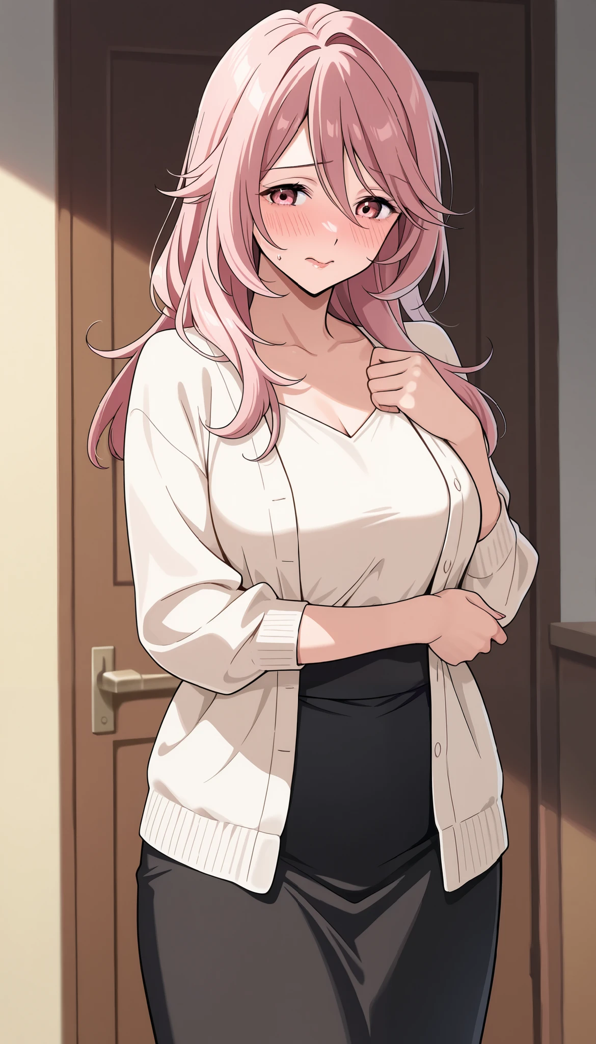 Solo girl, yayoi kusakabe,adult woman, housewife, pink hair, pink eyes, long hair, chest, white dress, open sweater, black skirt, milf, embarrassed, soft light, very detailed, top quality,A look of shame on his face,