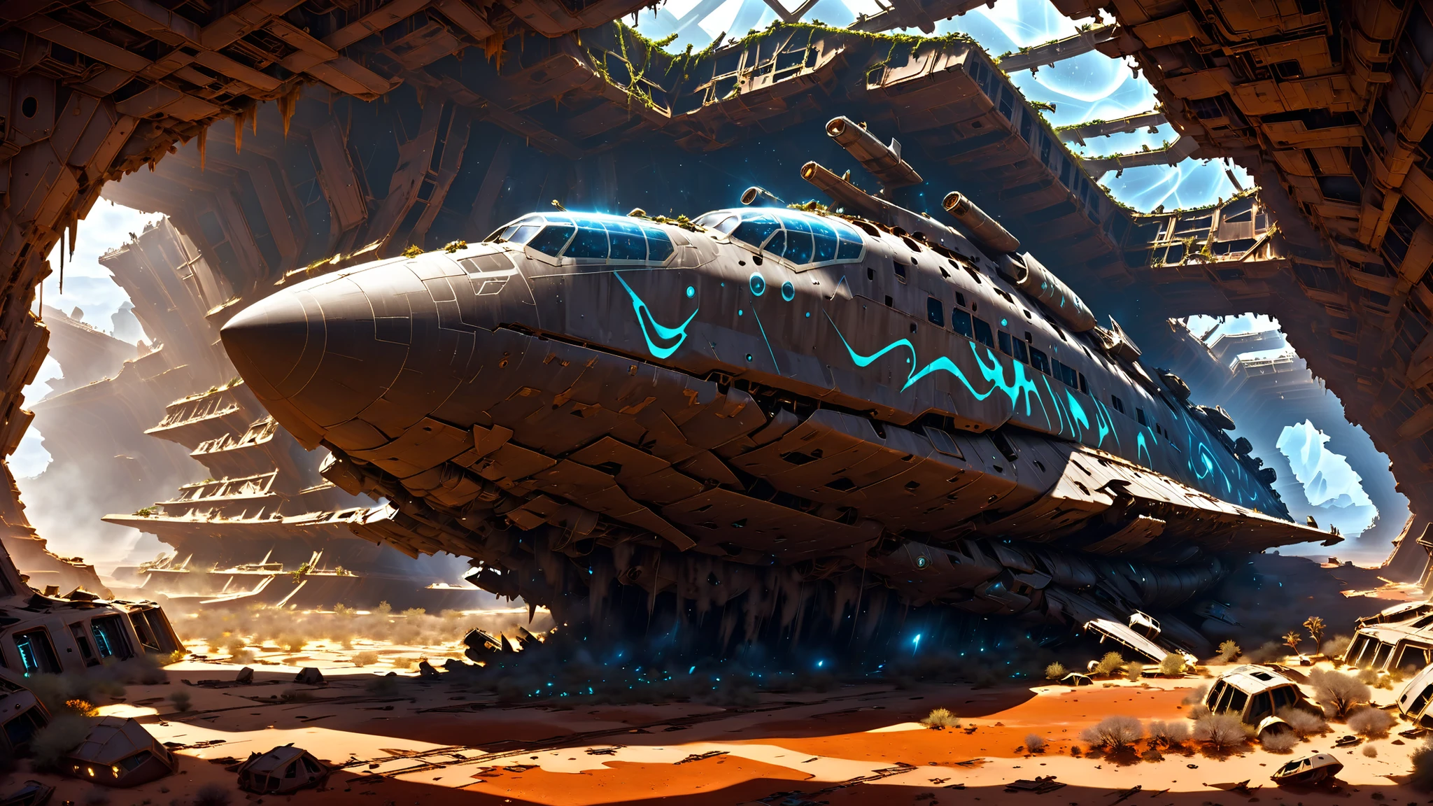 A colossal, derelict spaceship lies overturned and shattered in a desolate, alien landscape of crimson and ochre rock formations. The ship, once a sleek, matte black with glowing orange energy conduits, is now a twisted ruin of corroded metal and exposed, sparking circuitry. Shattered holographic displays flicker with fragmented images. Parts of the hull have crumbled away, revealing the skeletal framework within. Strange, bioluminescent fungi and tenacious vines have begun to claim the wreckage. The harsh, warm sunlight casts deep shadows, emphasizing the texture of the rusted metal and the eerie glow of the failing technology. Dust devils dance across the barren landscape. The perspective is from a low angle, looking up at the imposing wreck, emphasizing its scale and the sense of a forgotten technological marvel. The style is hyperrealistic, with a focus on detail and dramatic lighting, evoking a sense of a distant, post-apocalyptic future.