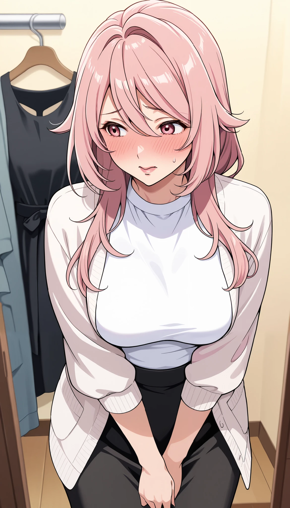 Solo girl, yayoi kusakabe,adult woman, housewife, pink hair, pink eyes, long hair, chest, white dress, open sweater, black skirt, milf, embarrassed, soft light, very detailed, top quality,A look of shame on his face,
