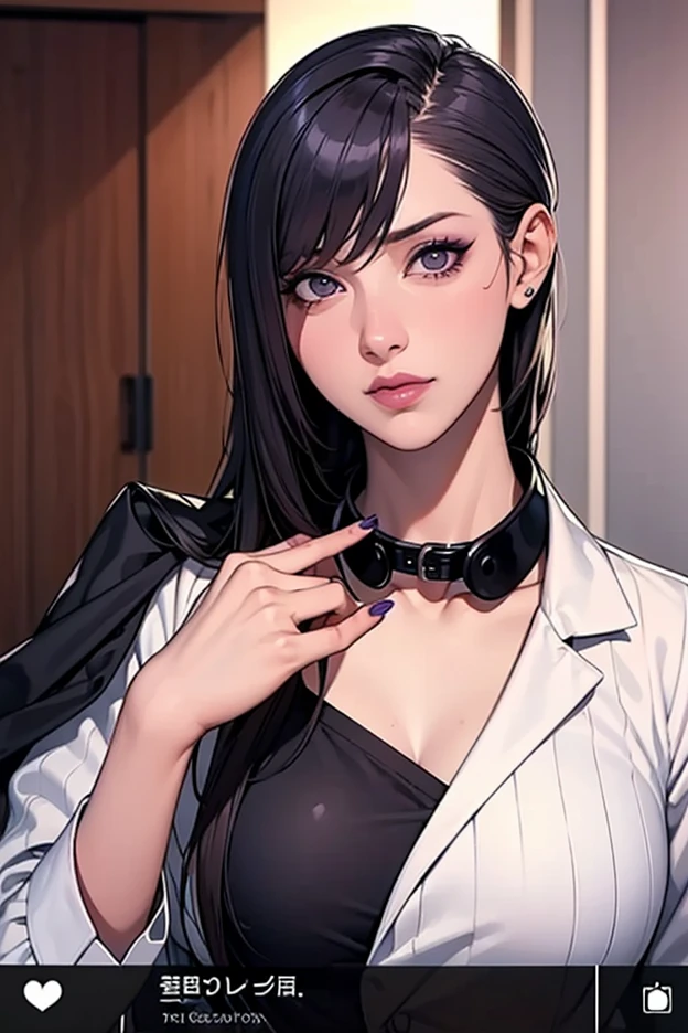 (Top resolution、Distinct_image)top-quality、female 、masterpiece、highly detailed、Semi-realistic、purple eyes 、18year old、young、cool clothing、Exquisite facial features、Facial features ,variations, potrait, a bar background, Black hair , long straight hairstyles, wear black suits, Mafia , yakuza, criminals , badass, Japanese tattoos on the arm