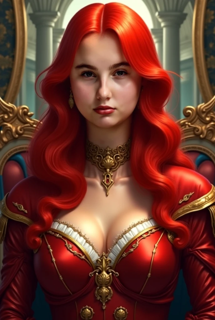 {{Renaissance style}}, 1girl, {{medieval evil queen}}, 45 year old woman milf, {{old features}}, curvy body, chubby body, soft tummy, thick thighs, cruel smile, intimidating sensual expression, {{mature face}}, black eyes, perfect eyes, {{long red hair}}, beautiful face, red and black makeup, thick red lips, medium pale skin, {medieval and royal red dress with neckline}, {{medium breast}}, royal necklace, royal golden crown, sitting on throne, front view, {{perfect face}}, perfect eyes, detailed face, perfect hand, dramatic lights, medieval background with details, castle, dinamic pose, best quality, hd