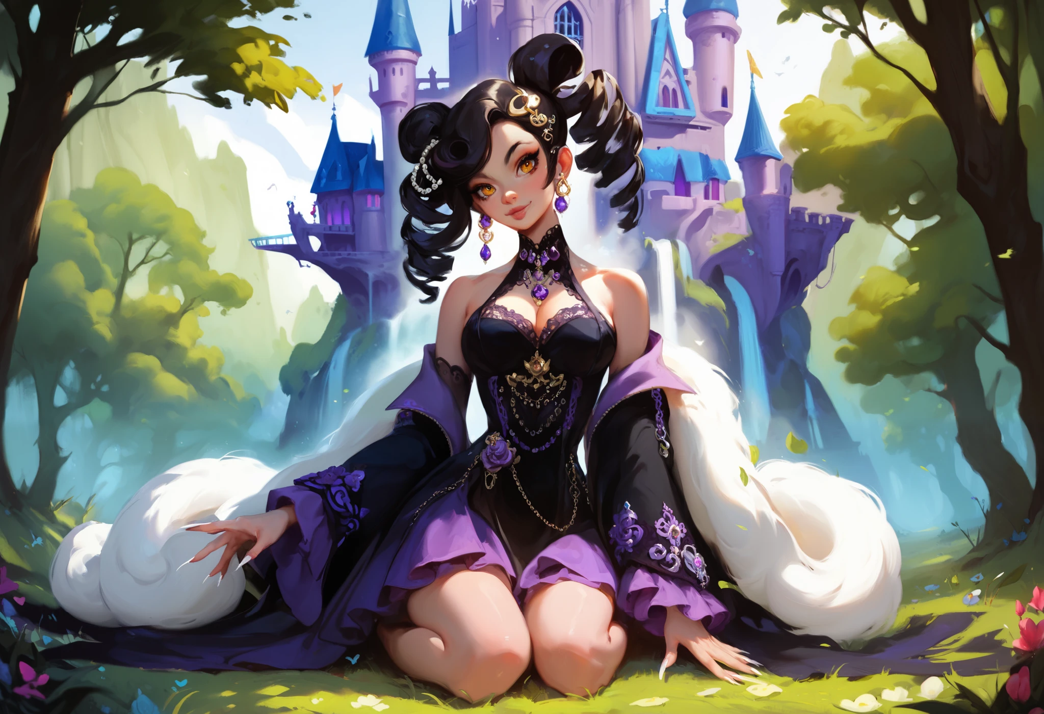 1 female,full body,Black Waist-length Curls,Amber Eyes, pretty face,Symmetrical facial features,exaggerated jewelry hair accessories,Braiding,Hairpin,Exaggerated Pearl Nail Art,White long nail art, Very Detailed Costume,Lace Scarves,light purple embroidery texture skirt,Contrasting colors,Dark Forest Castle,panoramic