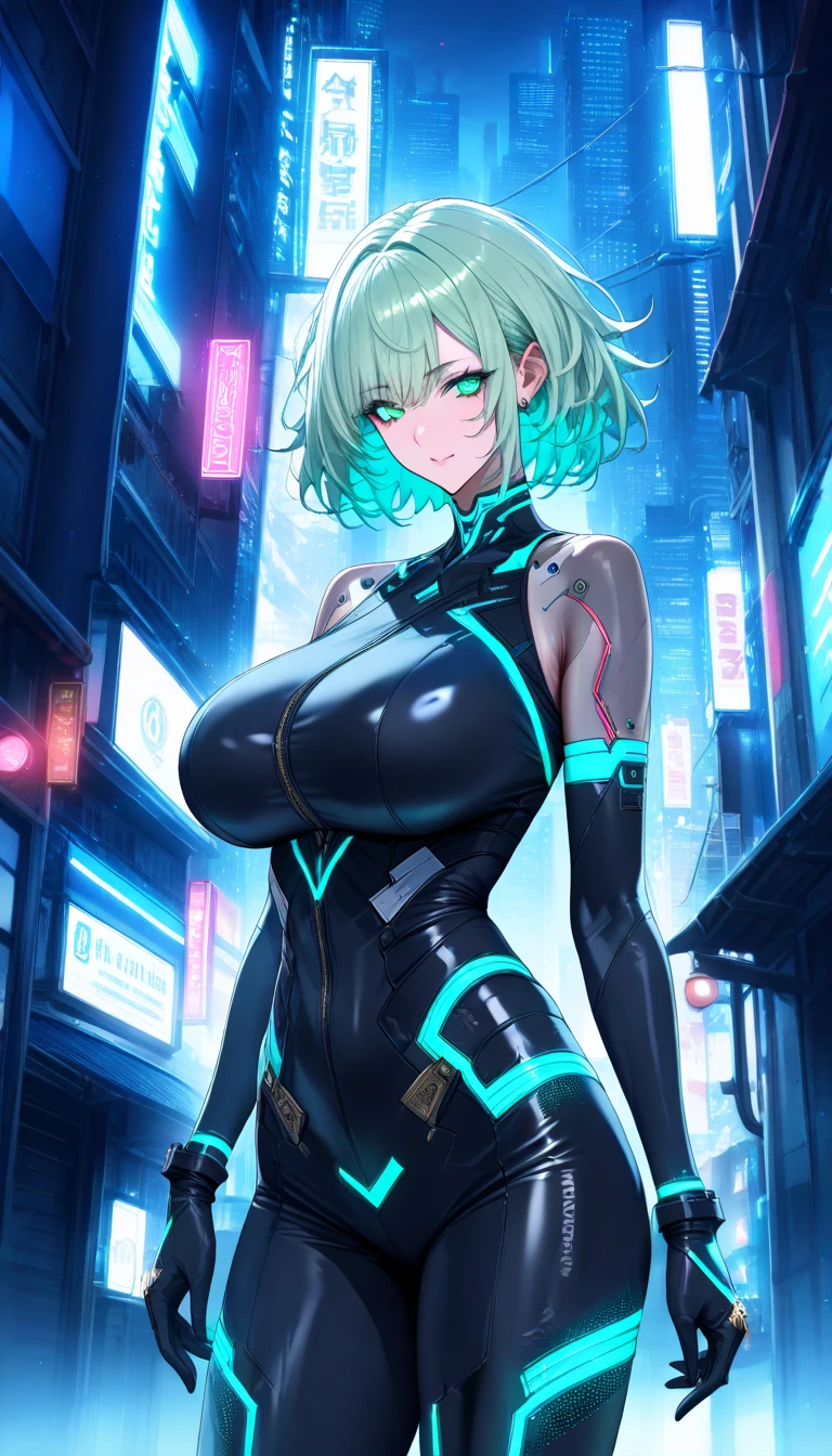 ((masterpiece, highest quality:1.2)),cowboy shot,1woman,20 year old beauty,solo,((very small head)),short hair,messy hair,light blue hair,blue eyes,blunt,((very long and slender body)),toned body,skinny,medium breasts,shiny skin,oily skin,blush,smile, BREAK ,Red rider suit、 High leg、white_thighhighs、 BREAK ,Driving a Harley Davidson、Harley Davidson、on road,Big cities、Cyberpunk World、