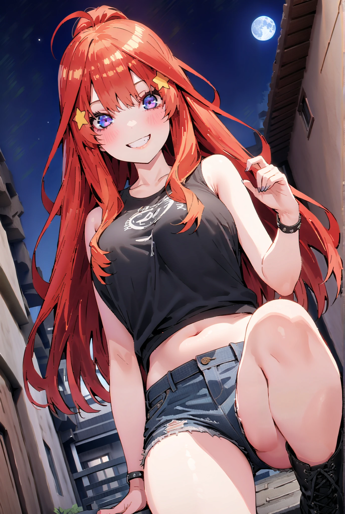 score_9, score_8_up, score_7_up, source_anime, 中野美moon, long hair, blue eyes, hair ornament, red hair, glass, stupid hair,star ( symbol ),ponytail, star hair ornament,smile, grin ,, Big Breasts,Riders Jacket,tank top,under boob,belly button stick,denim micro shorts,Bare legs,boots,I have my hands in my jacket pockets,clothed,clothed,Nōn,night,moon,angle from below,full bodyがイラストに入るように,break outdoors,City,
break looking at viewer,full body,
break (masterpiece:1.2),top quality , kampala, Unity 8K Wallpaper ,(shape:0.8),( fine, beautiful eyes :1.6),It's a person ,full body写真,CG Details , (perfect hands,complete anatomy),