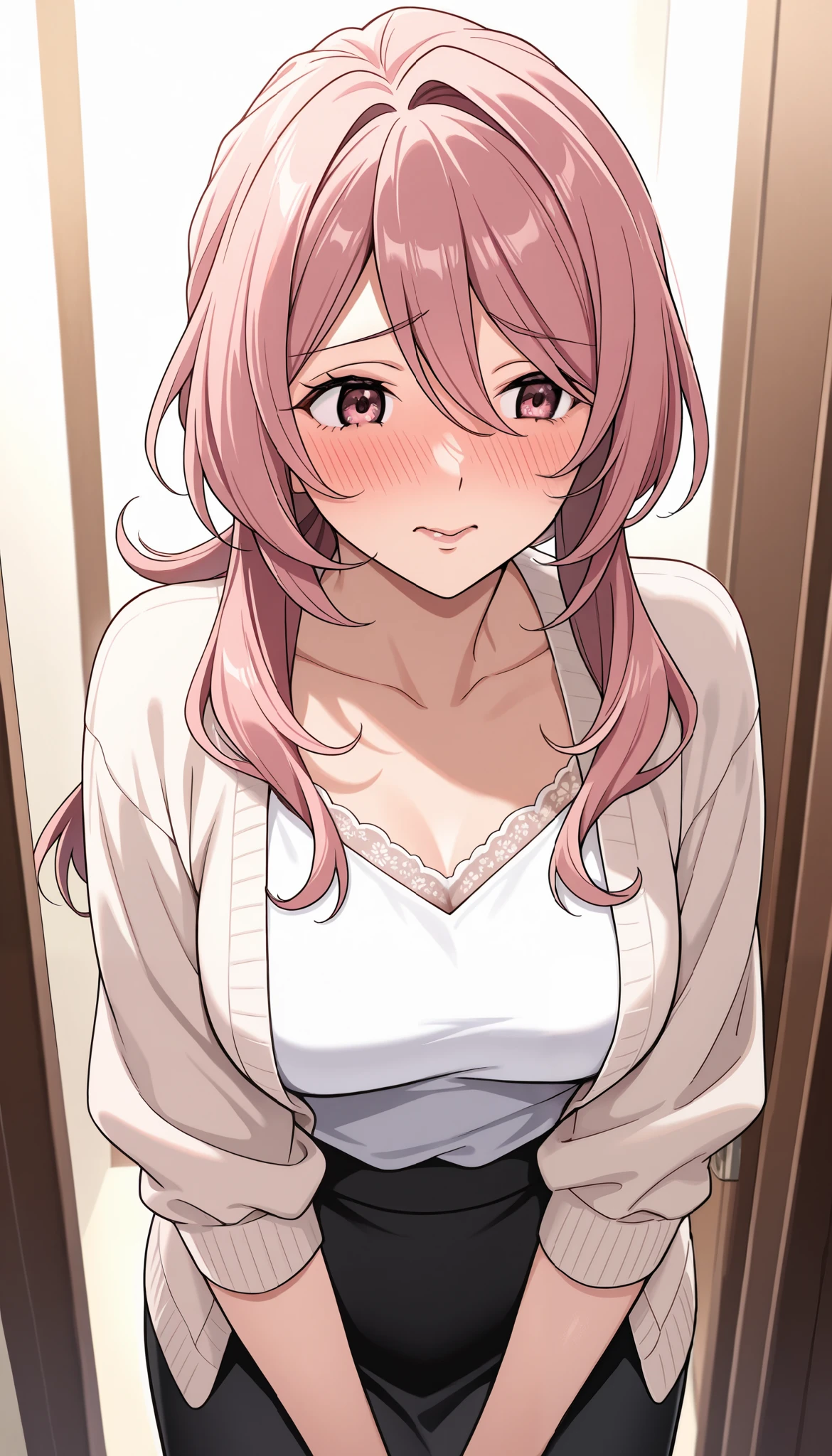 Solo girl, yayoi kusakabe,adult woman, housewife, pink hair, pink eyes, long hair, chest, white dress, open sweater, black skirt, milf, embarrassed, soft light, very detailed, top quality,A look of shame on his face,