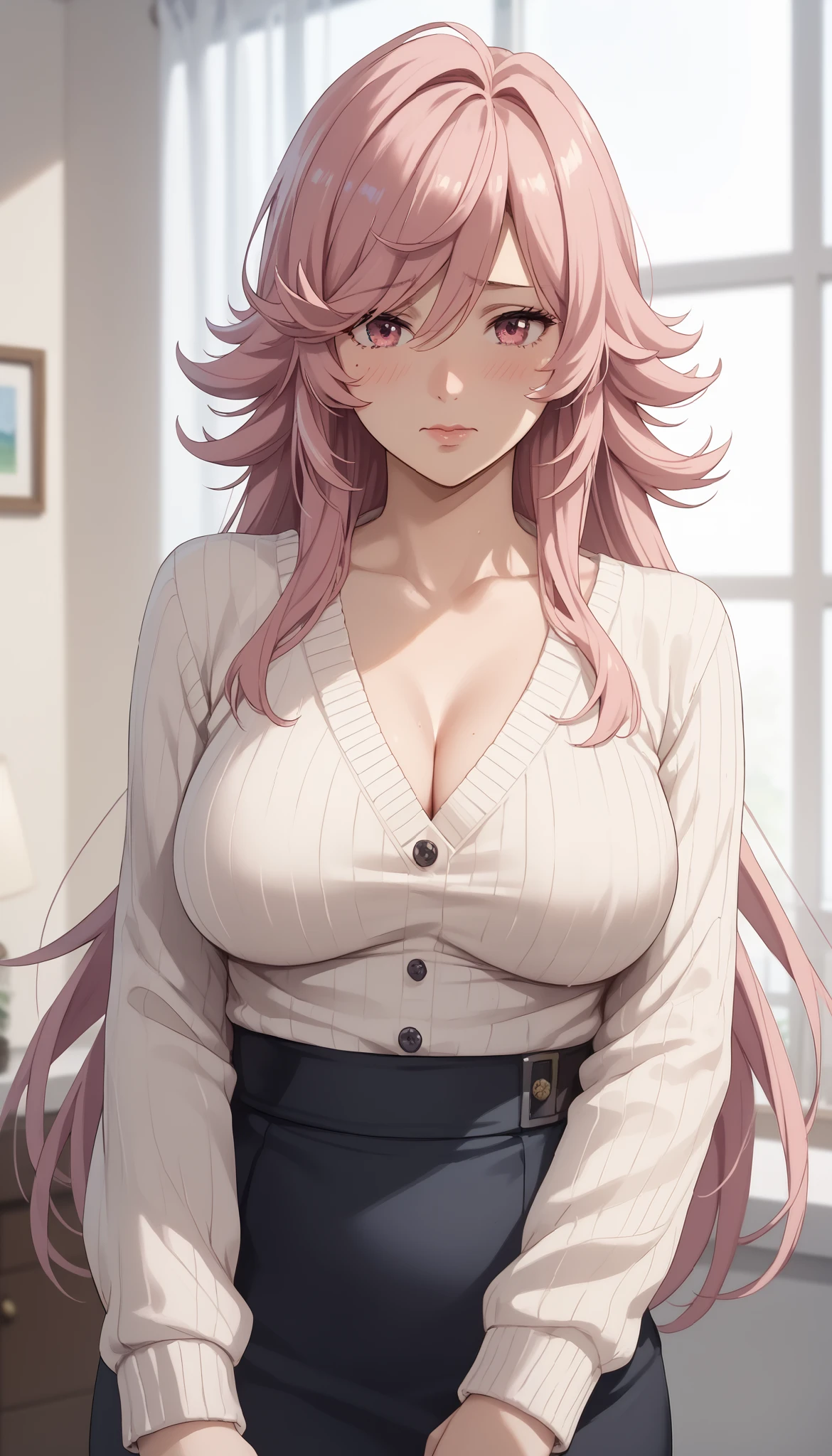 Solo girl, yayoi kusakabe,adult woman, housewife, pink hair, pink eyes, long hair, chest, white dress, open sweater, black skirt, milf, embarrassed, soft light, very detailed, top quality,A look of shame on his face,