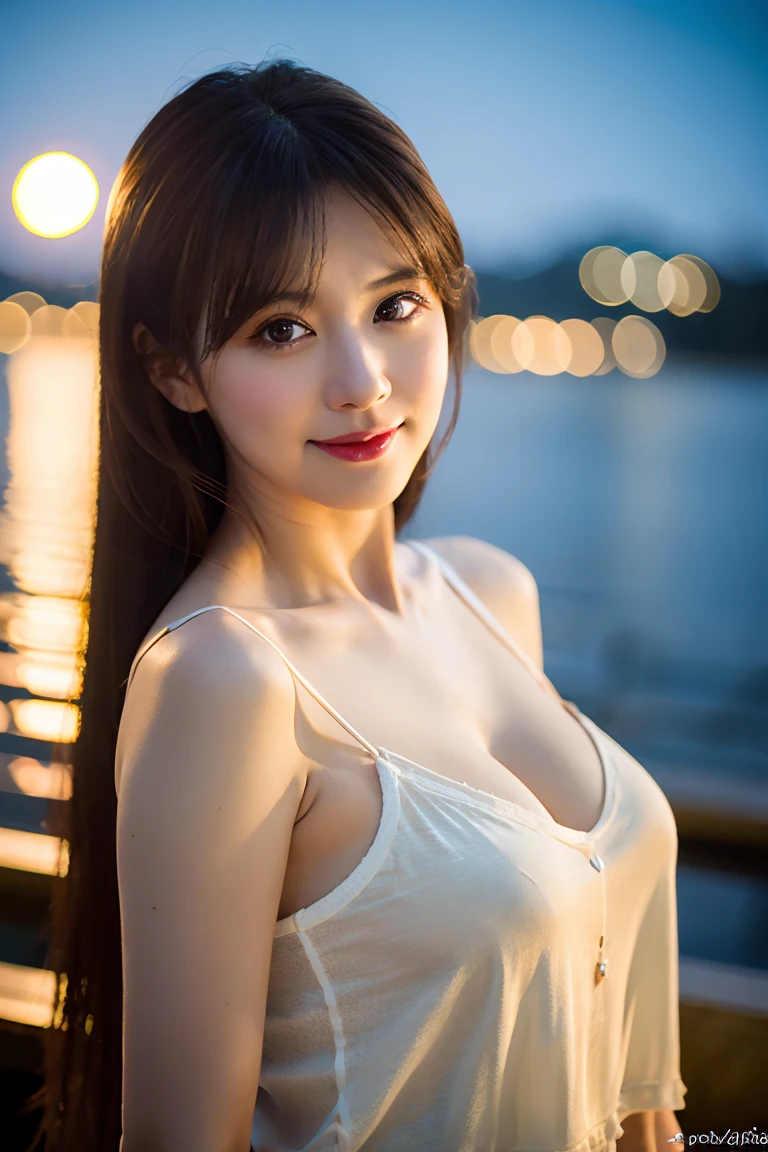 (masterpiece, realistic, photo-realistic:1.2), finely detail, ultra high res, perfect ???????, best quality, 8K, sharp focus, face focus, (cowboy shot, happy smile:1.3), (1girls, 14yo Japanese girl, natural makeup, elaborate girly ruffle dress, The dress with a large open chest area:1.2), (sexy pose to emphasize breasts, standing:1.2), (glowing black hair, braided half-up hair, blunt bangs:1.2), cute detailed face and eyes, natural color lip, (white and smooth skin, round face, short stature:1.2), (huge pointed breasts:1.5), natural lighting, bokeh, film grain, (detailed background, down town, tall skyscrapers, superb night view in Tokyo:1.2),