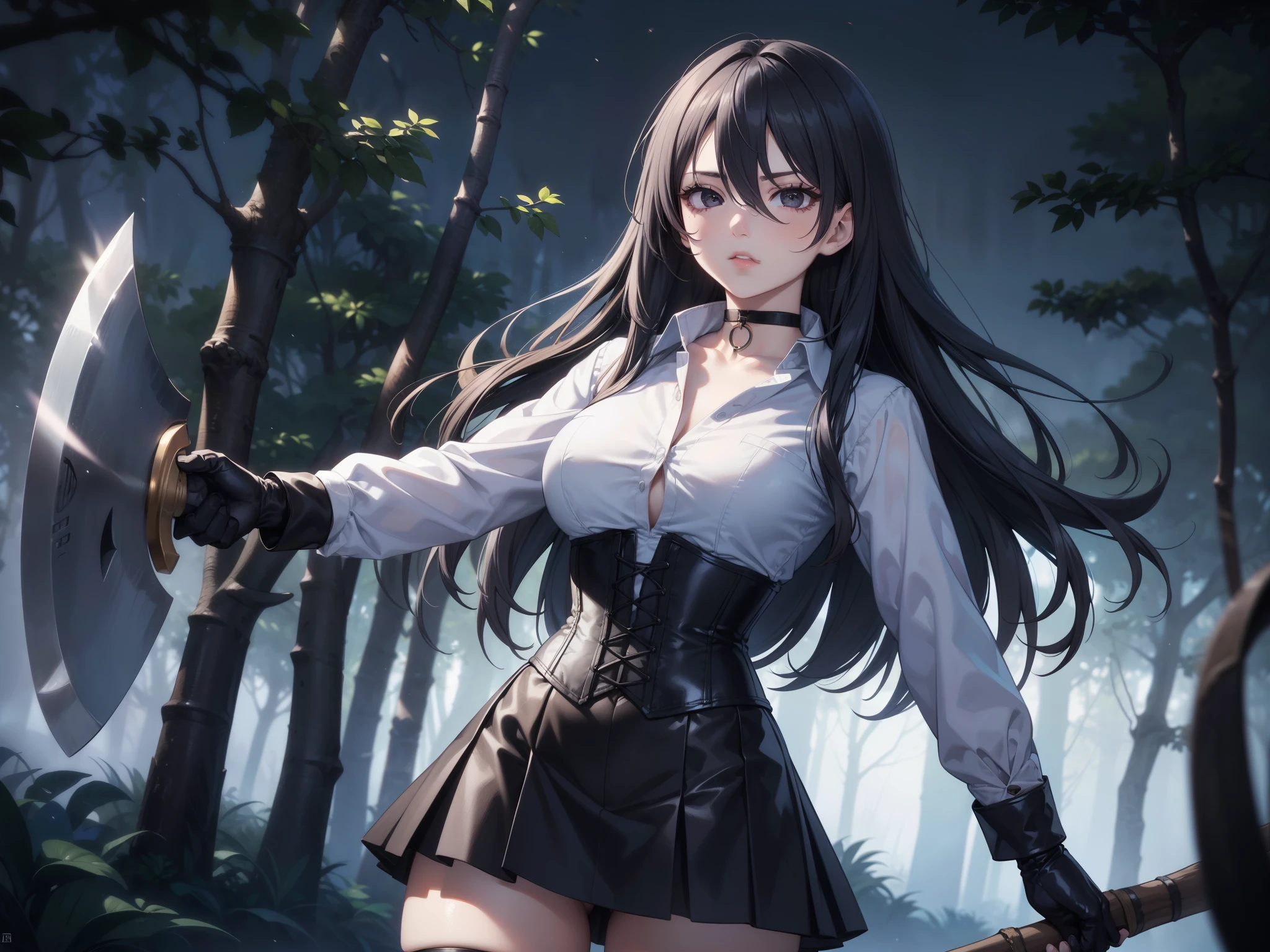 masterpiece background, beautiful art, professional artist, 8K, sciamano240, very detailed face, detailed clothing, Detailed fabric, ung girl, perfectly drawn body , Fighting pose, beautiful face, (long hair), black eyes, very detailed eyes, rosy cheeks, serious expression, detailed lips, choker:1.6, (long sleeve buttoned white collar shirt), black gloves, gloves that cover my hands , (holding an axe in his right hand), (black leather corset), (short black skirt), sensual lips , late de invierno, show details in the eyes , seen from the front, looking at the spectator, Dark path, dark forest, late, atmosphere , fog