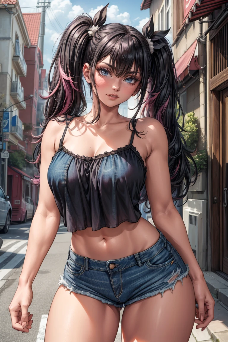 Hinata Hyuga usando roupas curtas, Bunda Grande, pernas grossas, Funkeira, Brasileira, extremamente sexy, rebolando, dancing funk, short curto, mostrando metade da bunda, bunda Grande, pernas grossas, cabelos longos, Nike Air Jordan sneakers, idade entre 18 a 20 anos, som ligado, alto falantes, in the city of Balneário Camboriú in Brazil, realista, 8K, extremamente detalhado, Xiaomi in the hands