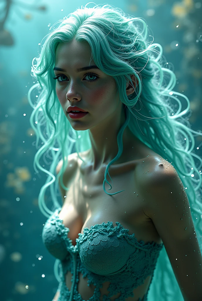 Serene woman, long aquamarine hair merging into cosmic waters, symbolizes Pisces, tranquil and inspired expression, soft luminous skin, cosmic sky background, aqua blue and turquoise hues with swirling nebulae and bright constellations, mystical atmosphere, eyes with a powerful, intuitive glow, hidden strength, intuition, aqua tones in clothing, and turquoise light illumination, 4K digital artwork, ultra-realistic, high definition.