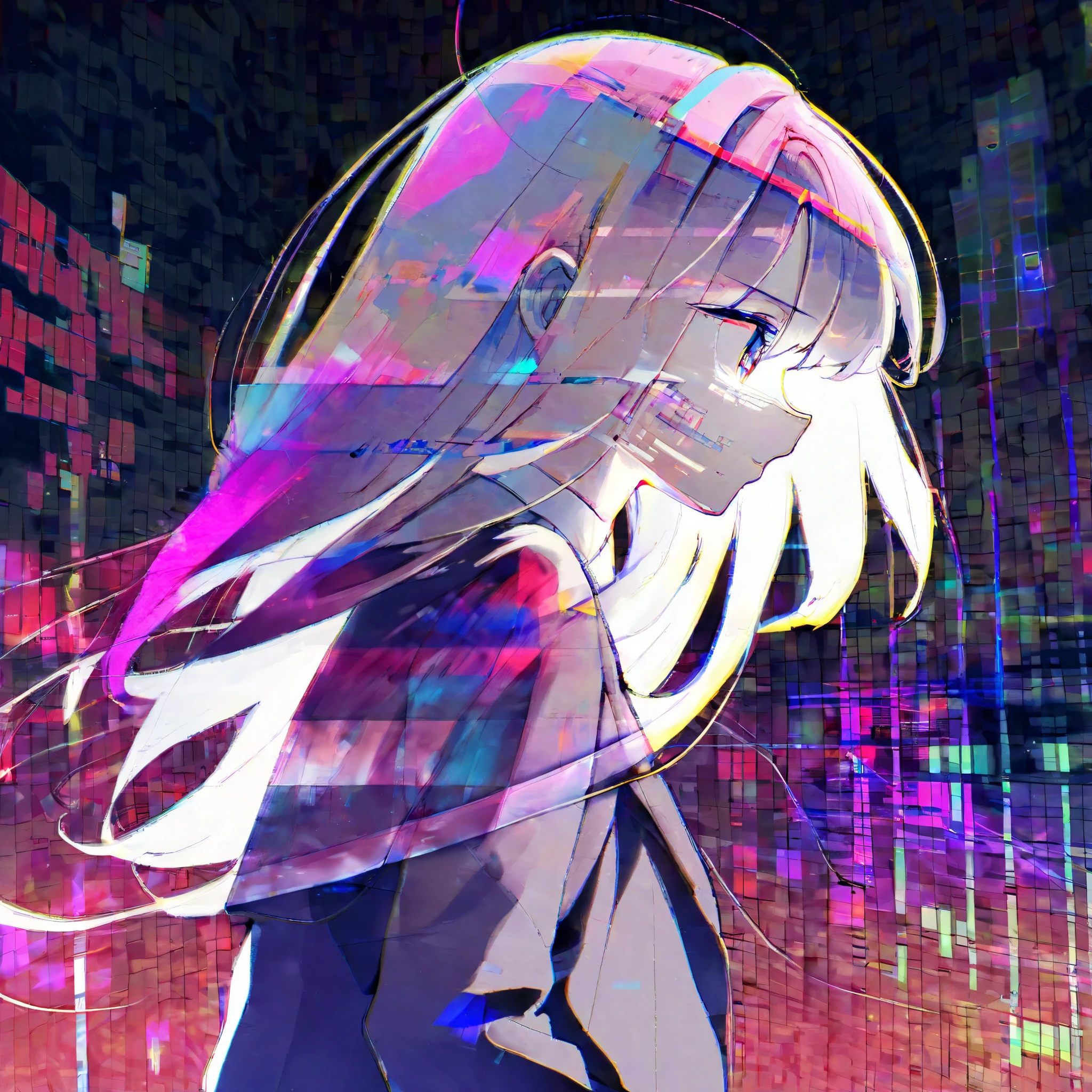 masterpiece, best quality, very detailed, warm,intermediate shot,
By Iromishiro,
(Alone, 1 girl),full body, ( body and head are in different places ),[drunkenness], night ,outdoor,Intense light and shadow effects,from the side, profile, ,
 Synthwave Style , very detailedCG ,(album cover), (error), ((Glitch Lamp)On the face),(glitch art),  (Pixilation On the face),double exposure, ( Color Difference),  Light Leak,  noise and grain ,  color gradation by Iromishiro,  glitch lettering , design,Abstract art, Perfect Shadow,(Solo Focus ), LIMITED PALETTE 

