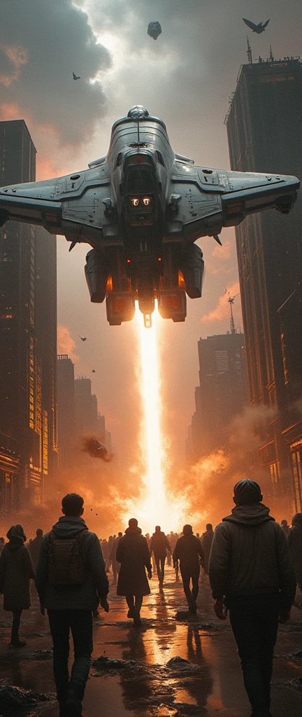 A photorealistic painting, in the style of a movie still, of a sleek, silver futuristic spaceship hovering majestically above a devastated cityscape, its design embodying advanced technology. The once-proud metropolis is now reduced to rubble, with shattered buildings and plumes of dark smoke billowing from the wreckage. The spaceship unleashes a blindingly bright, powerful laser beam that obliterates a towering skyscraper, leaving behind a gaping void of energy and destruction. Panicked civilians, a diverse group of men and women from various backgrounds, scramble to escape the chaos and devastation, their faces etched with fear and despair. The composition emphasizes the contrast between the sleek, advanced technology of the spaceship and the ravaged urban environment, depicting a scene of unparalleled destruction and chaos in the depths of a future war